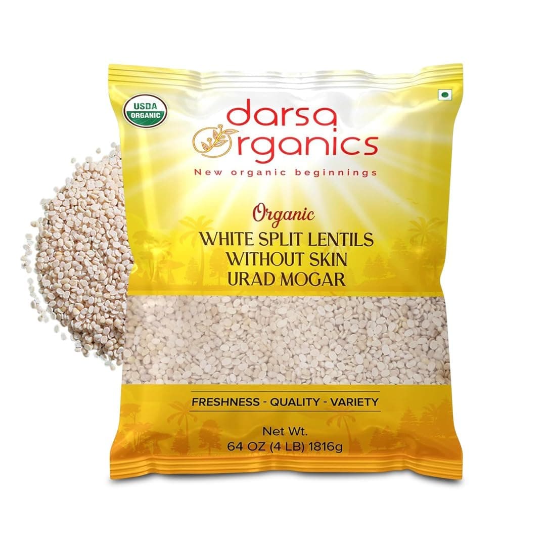 Darsa Organics Split Urad Dal Without Skin 4 lb - USDA Organic, Non-GMO White Matpe Split Peas, Plant Based Protein, Kosher & Chemical-Free Organic Lentils for Dosa Batter, Stews, Soups, Lentil Bread