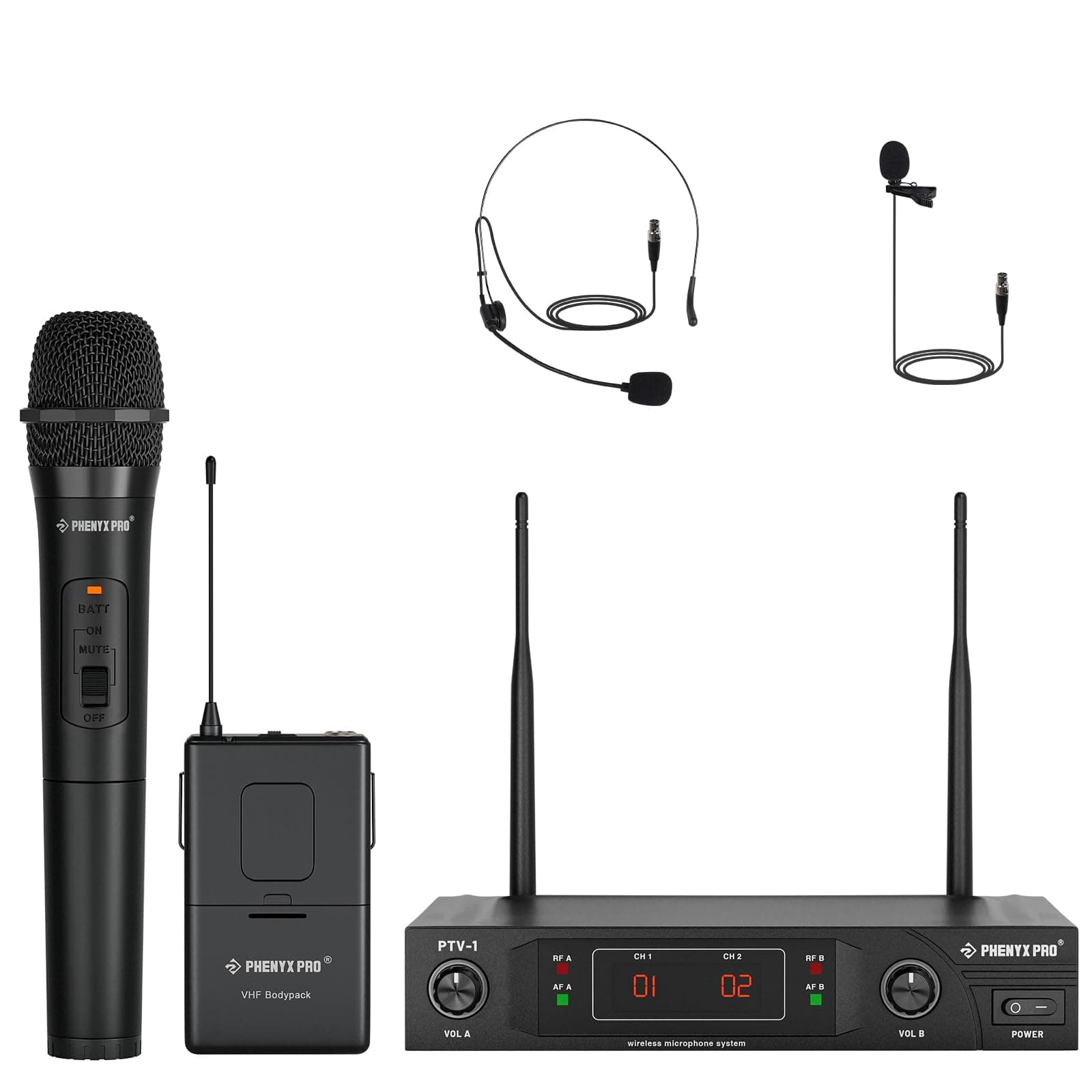 Phenyx Pro VHF Wireless Microphone System, with Handheld Mic, Headset Mic, Lapel Mic, Bodypack