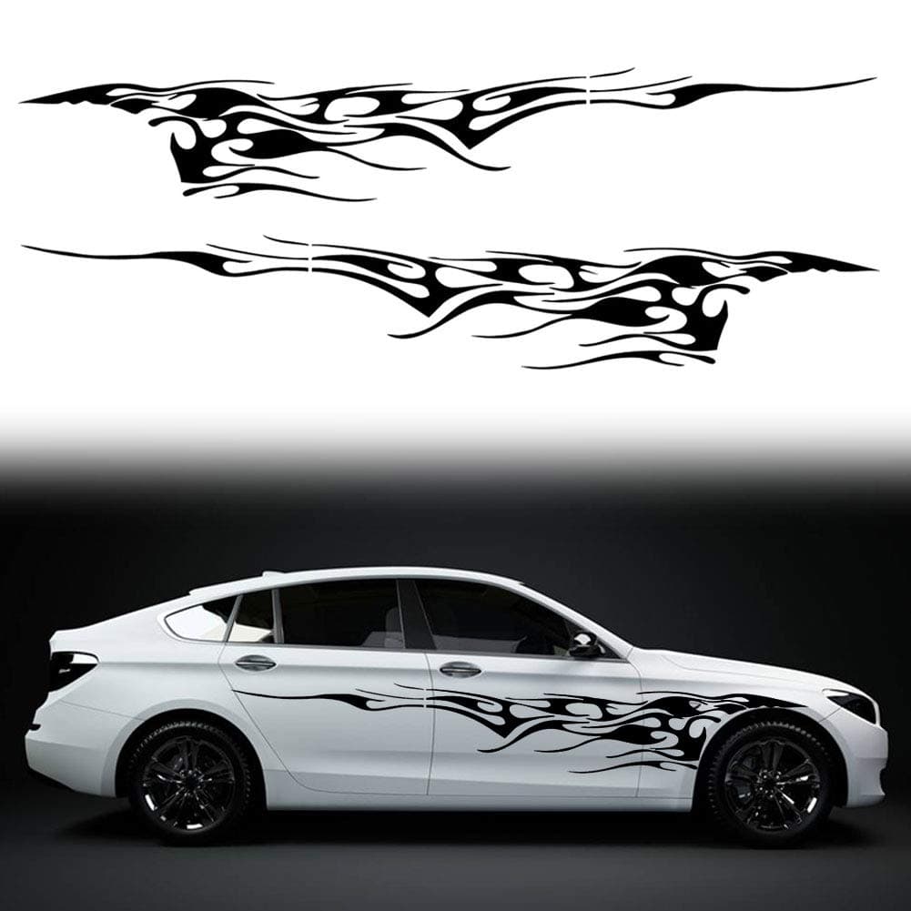 2Pcs 103'' Universal Flame Graphics Car Auto Body Side Sticker Racing Sports Self-Adhesive Side Strip Decal Decoration Accessories for Truck SUV Off-Road Vehicles (Style1 Black)
