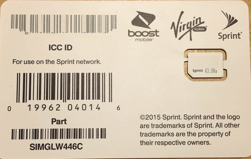 Sprint Boost Virgin Mobile Nano SIM Card ICCID SIMGLW446C
