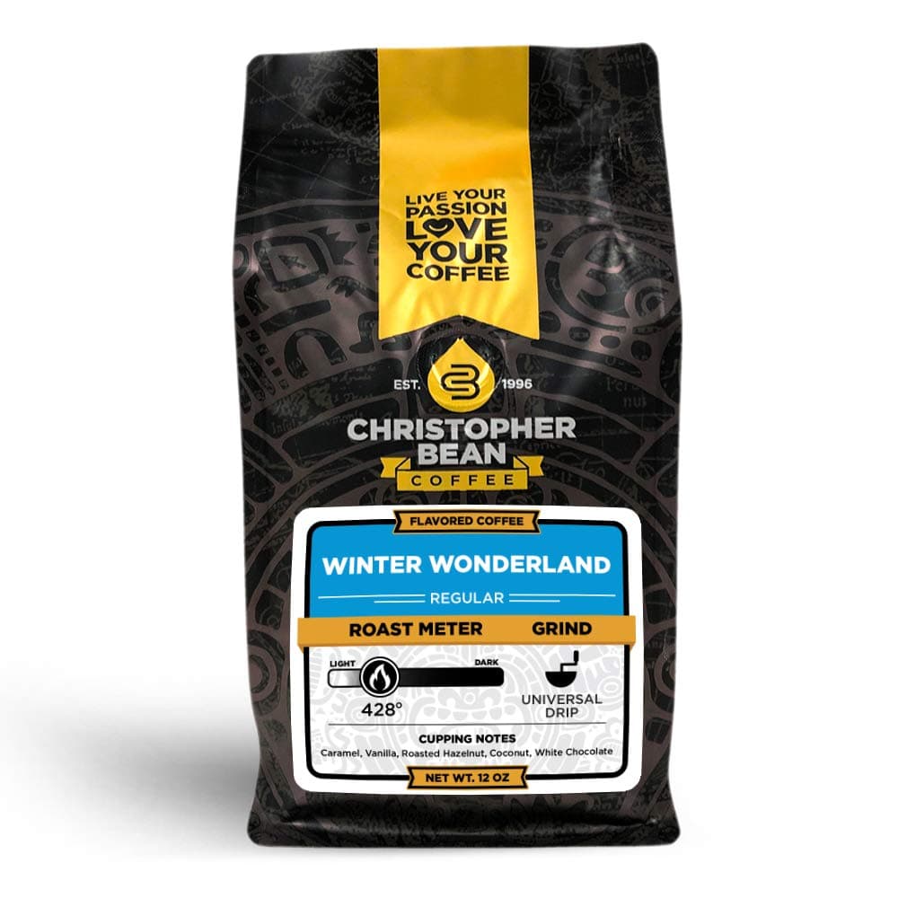 Christopher Bean Regular Flavored Coffee Ground - Sugar-Free, Dairy-Free, Fat-Free Arabica Ground Coffee with Non-GMO Flavoring, Ground Coffee Medium Roast, Winter Wonderland, 12-Ounce Bag