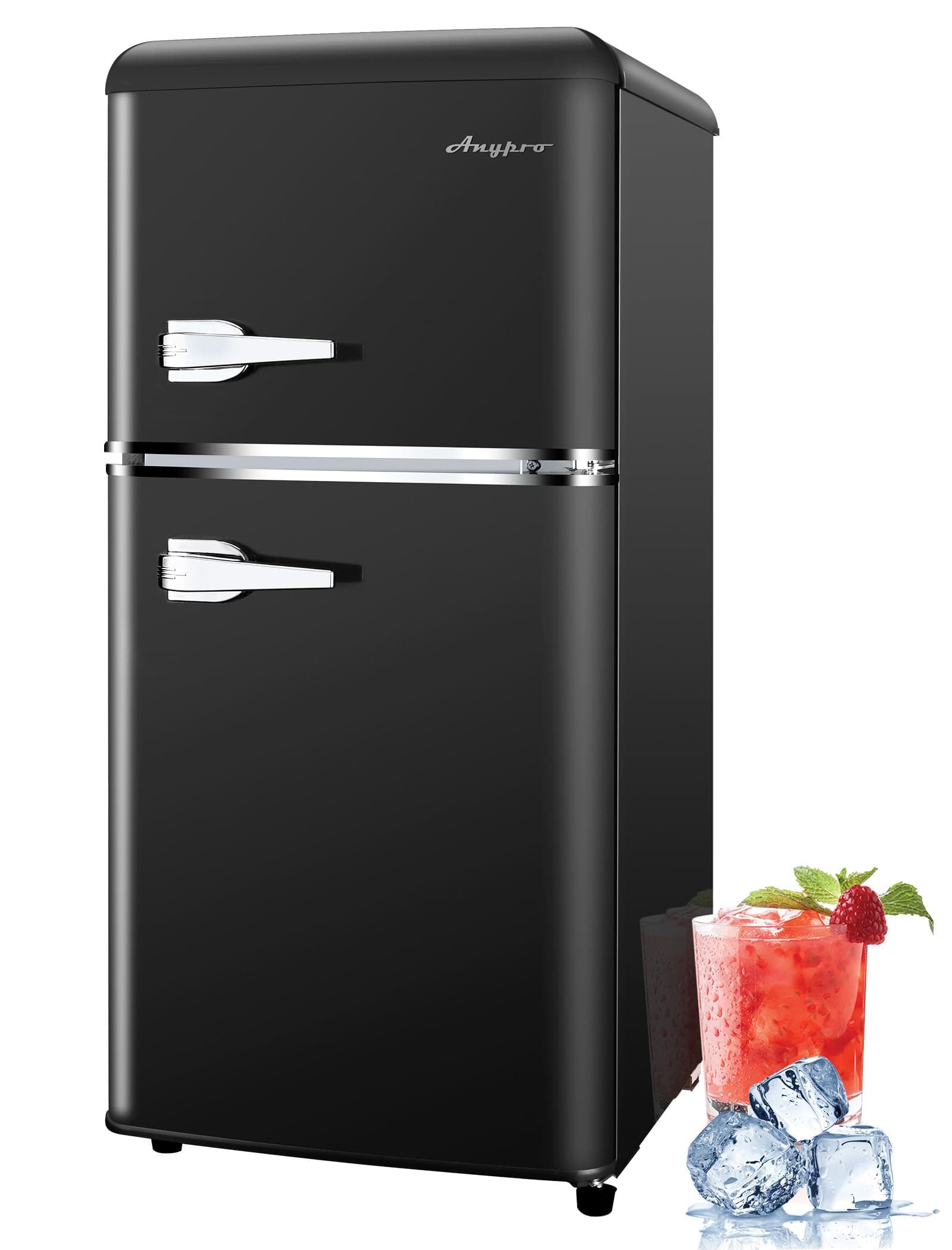 Anypro 3.2 Cu.Ft Mini Fridge with Freezer, Retro Double Door Small Fridge Compact Refrigerator, 7 Adjustable Temperature Settings, Removable Shelves for Dorm, Office, Bedroom, Black