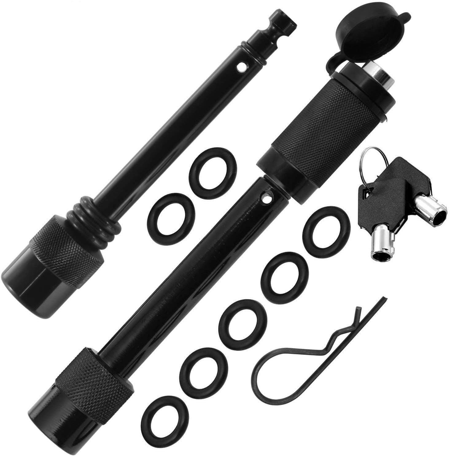 Trailer Hitch Lock Pin Set - 5/8" and 1/2" Extra Long Black Pins with One Locking System - 1 Safety Clip, 10 Anti Rattle O-Rings – Tow receivers 1.25”, 2” and 2.5 inch (Class I,II,III,IV,V)…