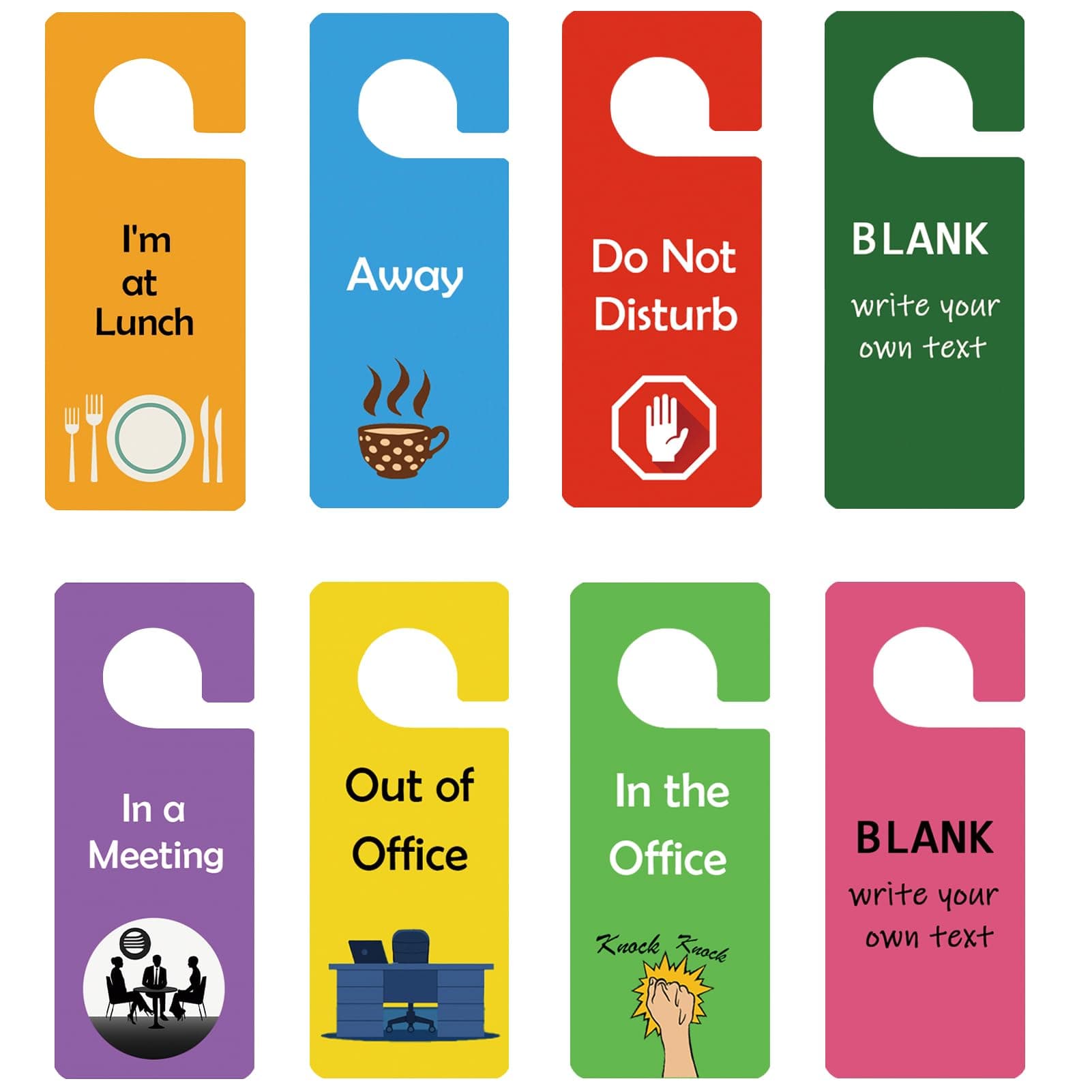 8-Pack Double Sided PVC Door Hanger Signs, 8 Handle Tags Designs for In a Meeting, Office (In/Out), Do Not Disturb, Online Class,Privacy Home Hotel Dorm