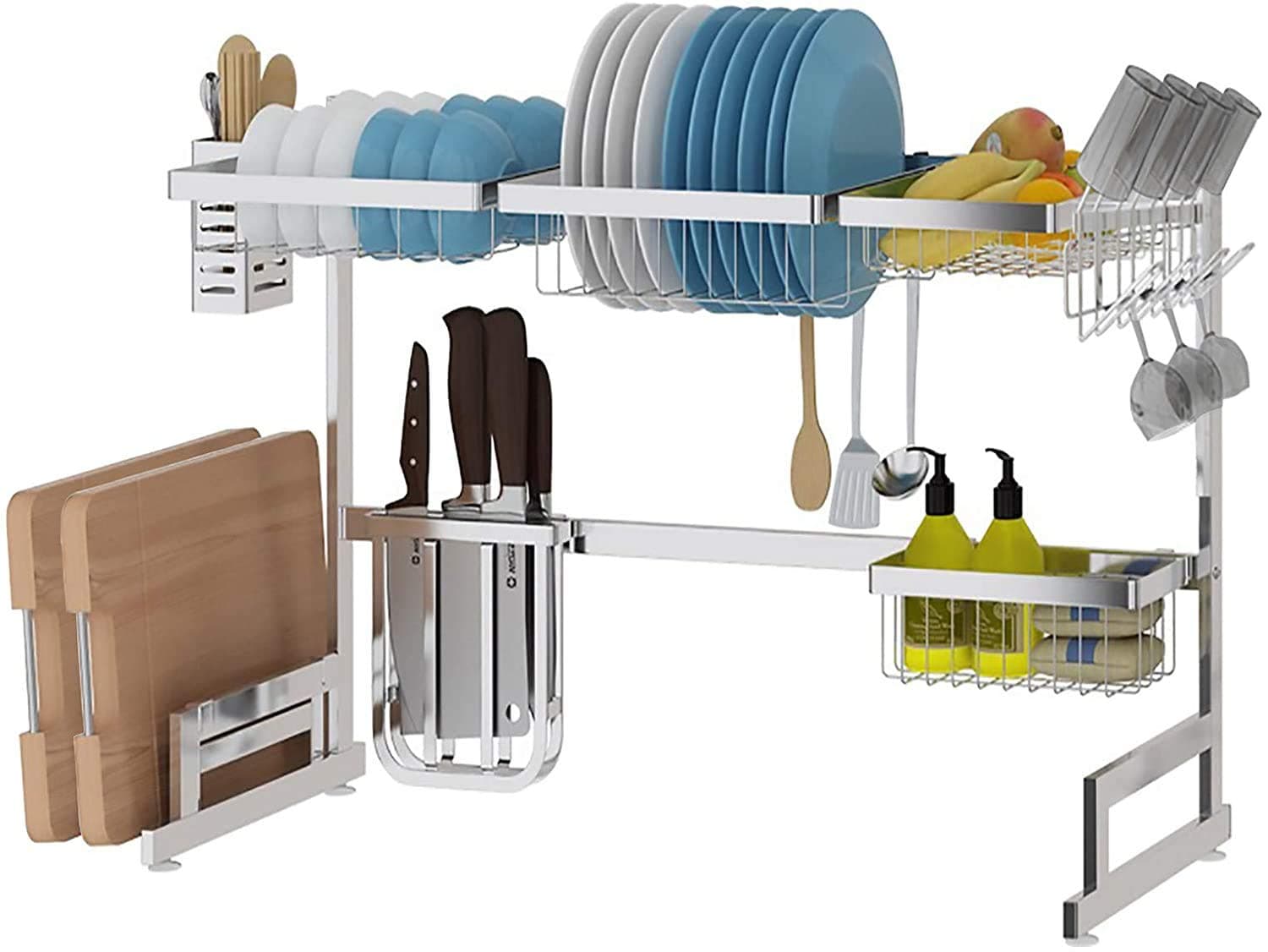 HEOMU Over Sink Dish Drying Rack for Counter, Length Adjustable Stainless Steel Dish Rack with Utensil and Chopstick Holder, Storage Basket (Silver)