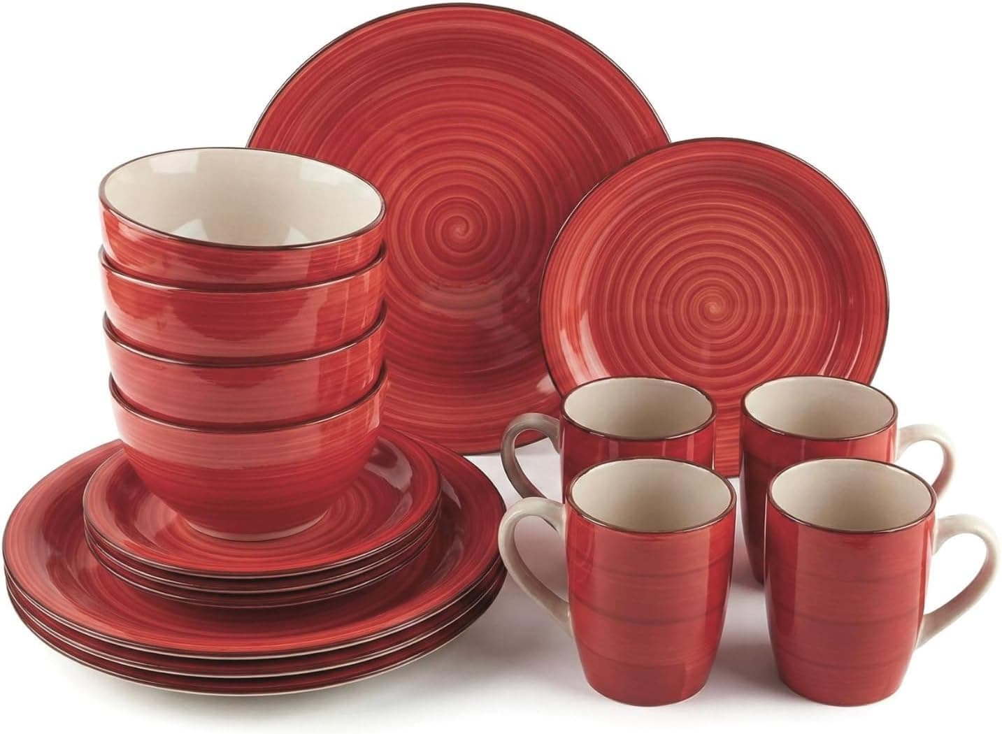 16 Piece Dinnerware Set for 4 – Round Kitchen Dinner Set with Dinner Plates, Dessert Plates, Cereal Bowls & Mugs – Teal Blue & White Tableware Combination Set (Red)