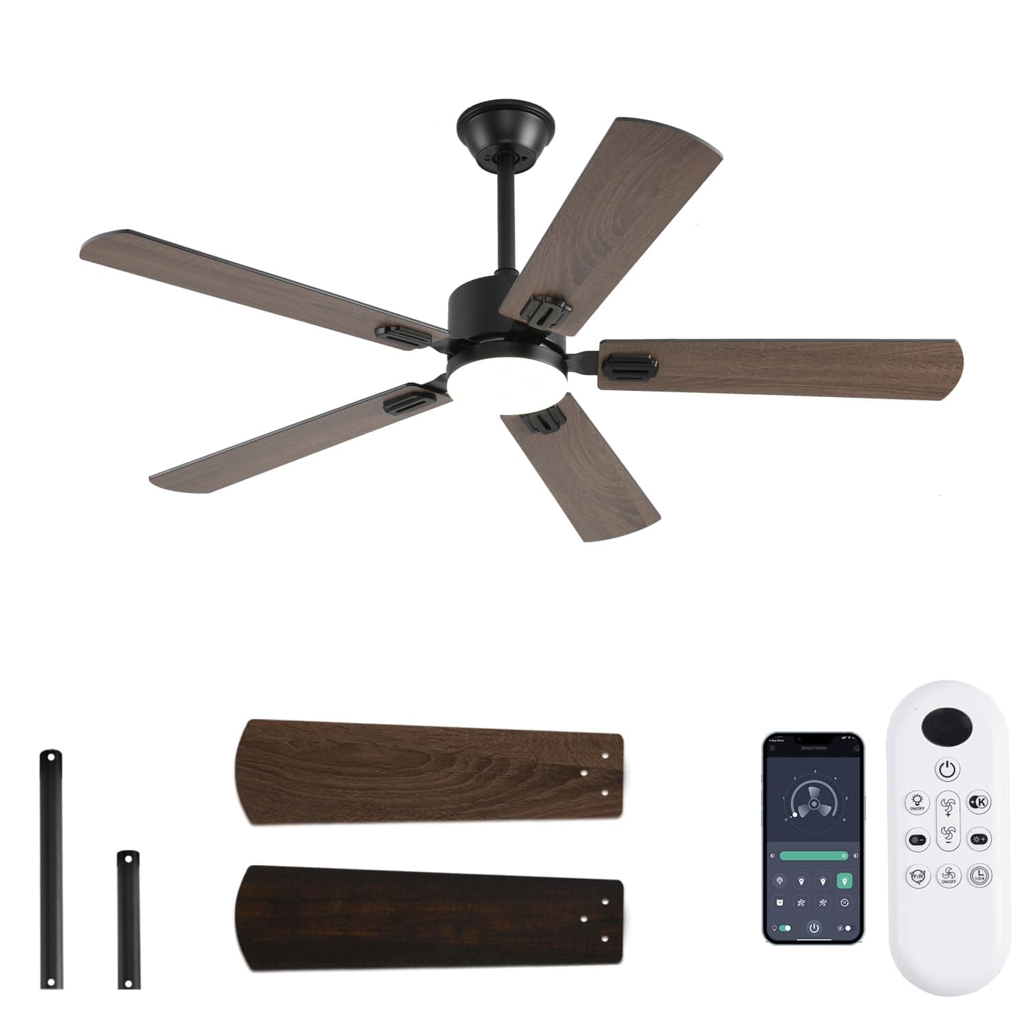 52 inch Modern Ceiling Fans with Lights APP/Remote Control, Low Profile Reversible 6 Speeds Dimmable Ceiling Fan Light for Indoor/Outdoor Bedroom Living Room(Brown)