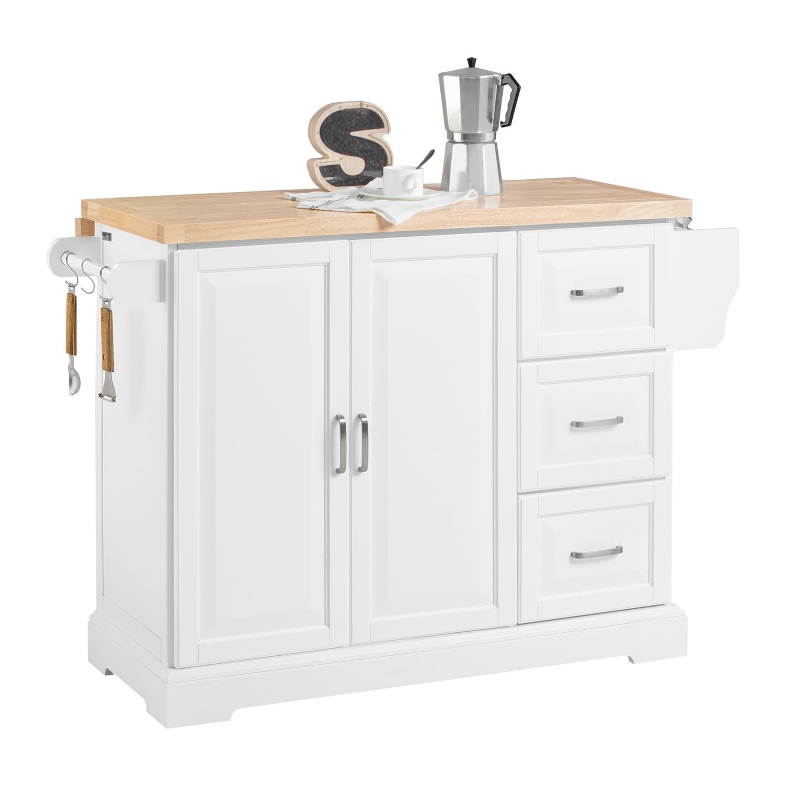 SoBuy Extendable Kitchen Island on Wheels Rolling Storage Trolley with Rubber Wood Worktop Storage Cabinet Sideboard Perfect for Kitchen Organisation W130 x D46/71 x H91cm White FKW41-WN