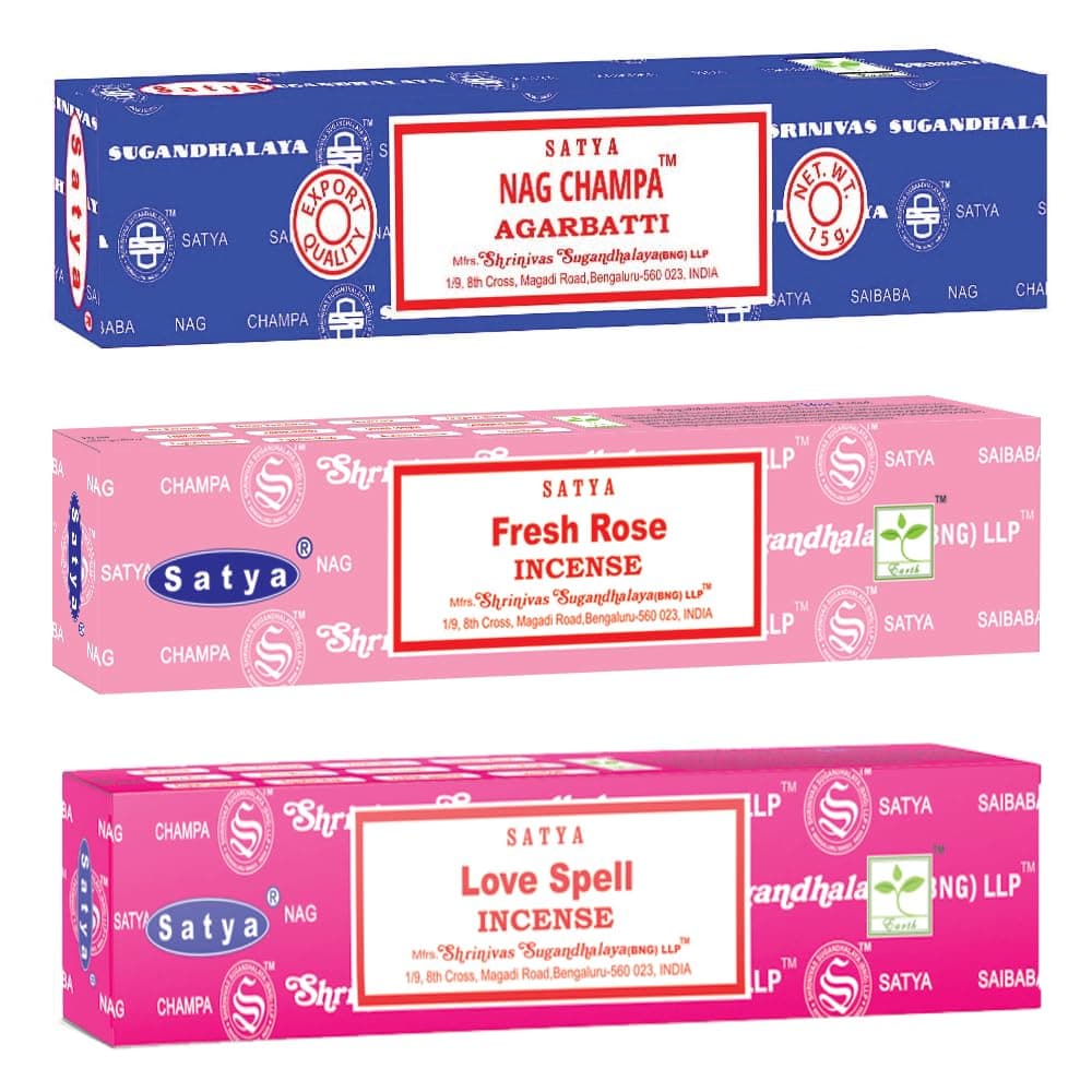 Satya Love Mix Incense Sticks 3-Pack Assortment | Slow-Burning, Long-Lasting Nag Champa, Fresh Rose & Love Spell (15g Each)