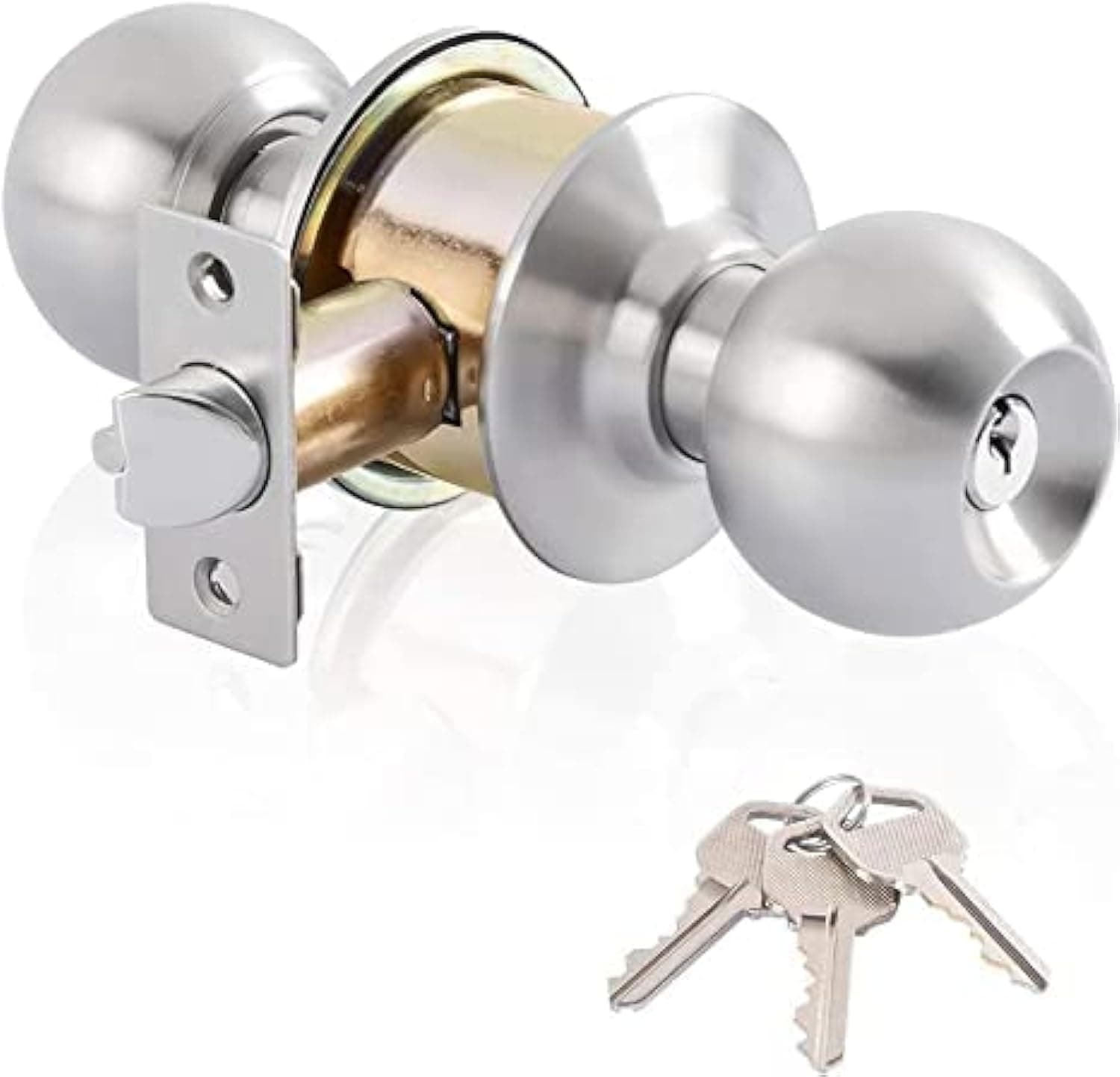 Door Knobs With Lock and Key - Interior and Exterior Bedroom Entry Doorknob - Satin Stainless Steel Standard Door Knob (Silver)