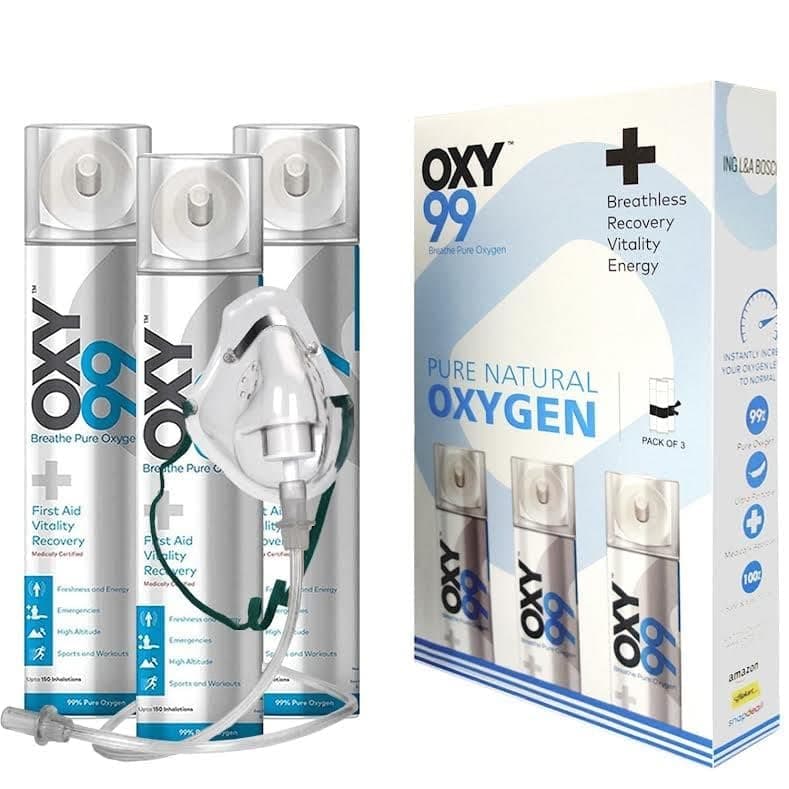 OXY99 Natural Oxygen Cylinder 3 Pack (18 ltr) with Mask, Tube & Elastic Strap - Oxygen Cylinder For Home, Oxygen Tank For Firefighters, Oxygen Can For Scuba Diving & Hiking Adventure ING. BOSCHI ITALY