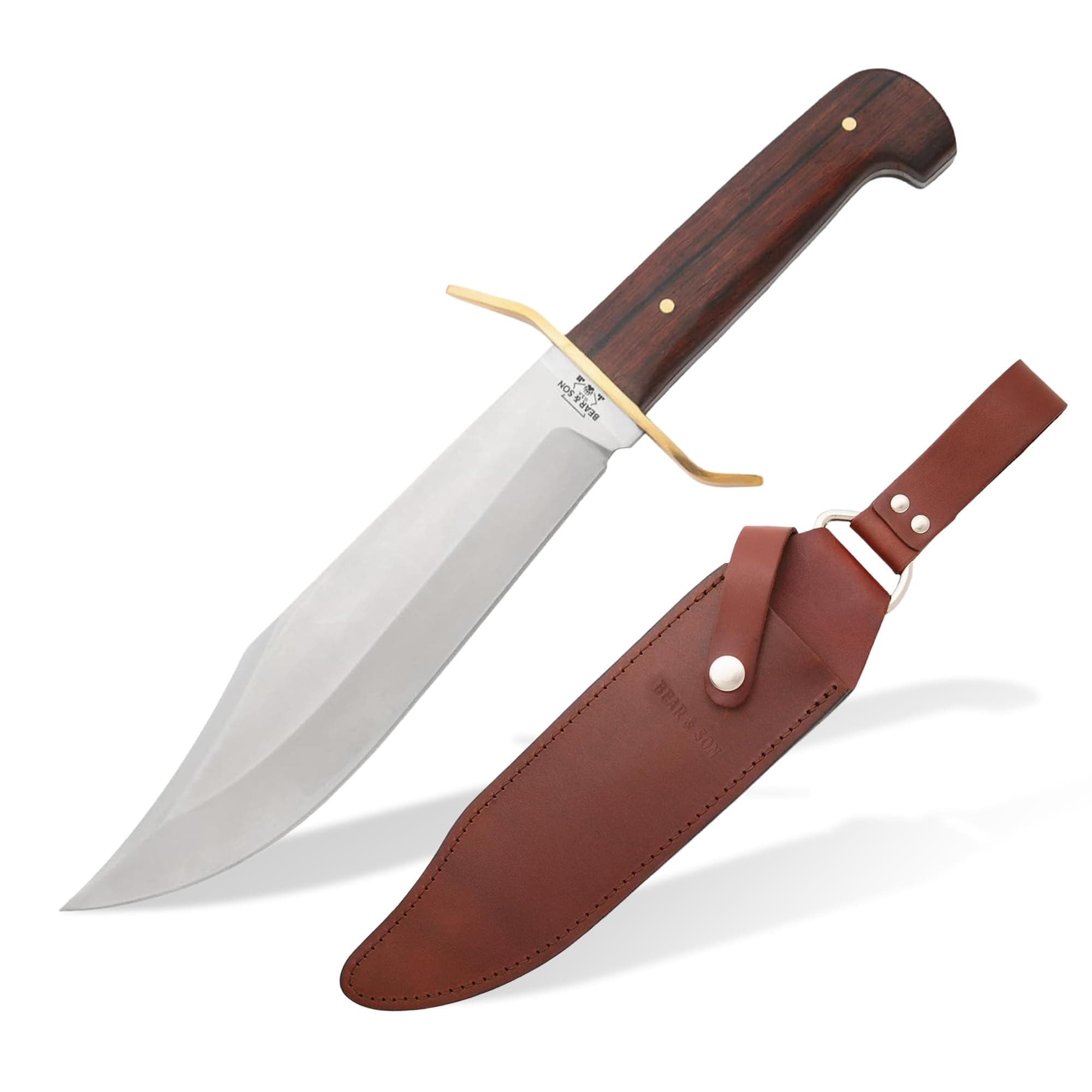 Bear & Son Durable Gold Rush Bowie Knife – 14.75" Full Tang Fixed Blade with Sandvik 12C27M Stainless Steel, Cocobolo Wood Handle, Brass Guard & Leather Sheath for Hunting, Survival & Outdoor Use