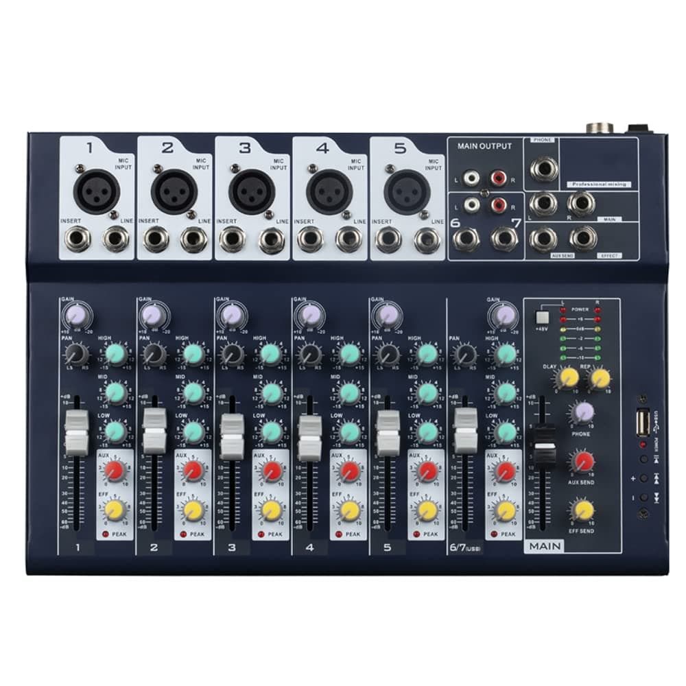 Professional Mixer | 7-Channel 2-Bus Mixer with USB Input 48V Phantom Power for Recording DJ Stage Karaoke Music Application
