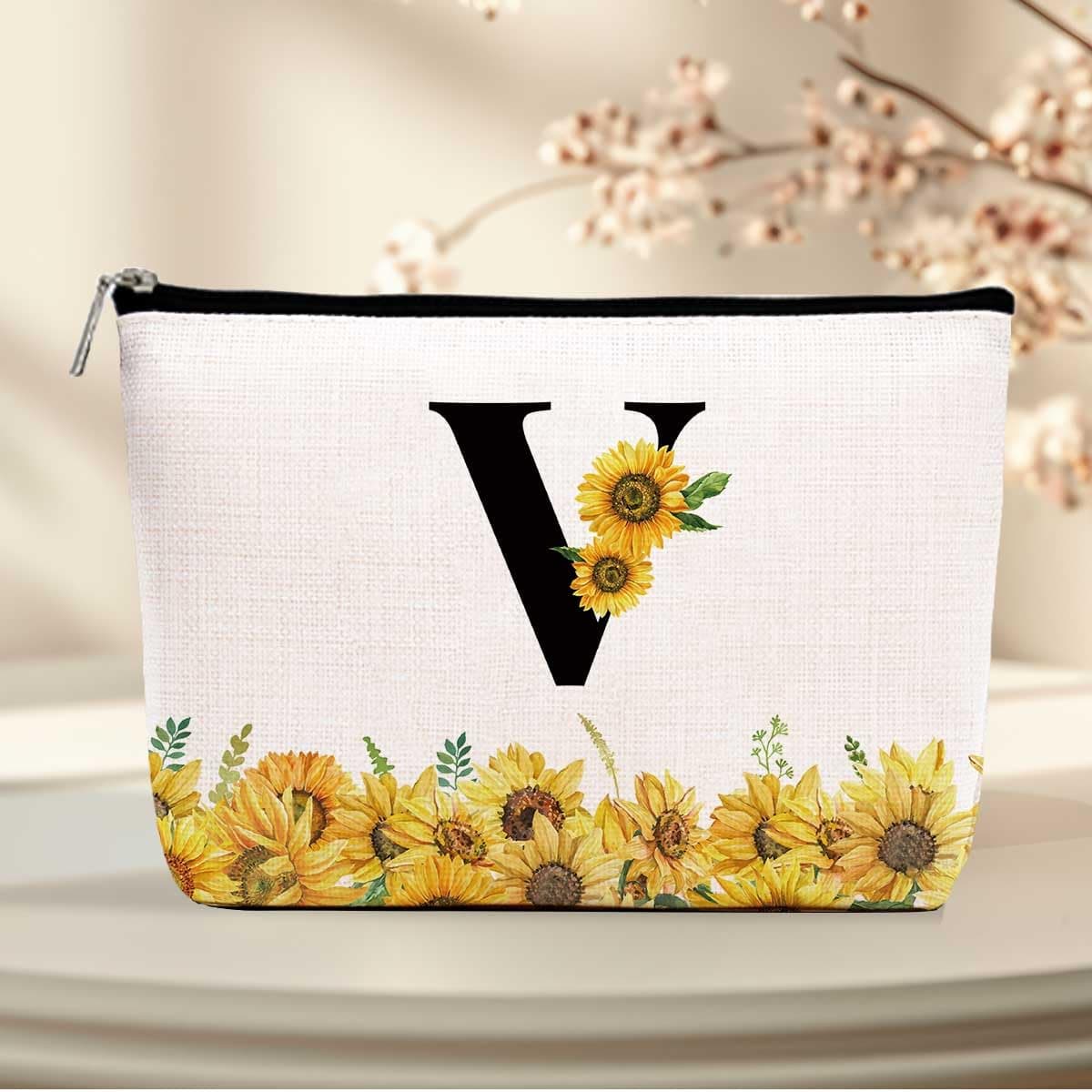 Personalized Initial Makeup Bag, Monogram Sunflower Travel Toiletry Make Up Bags Cute Preppy Cosmetic Bag A-Z, LCS Multicolor 00431, 9.8 × 7 × 2 inches