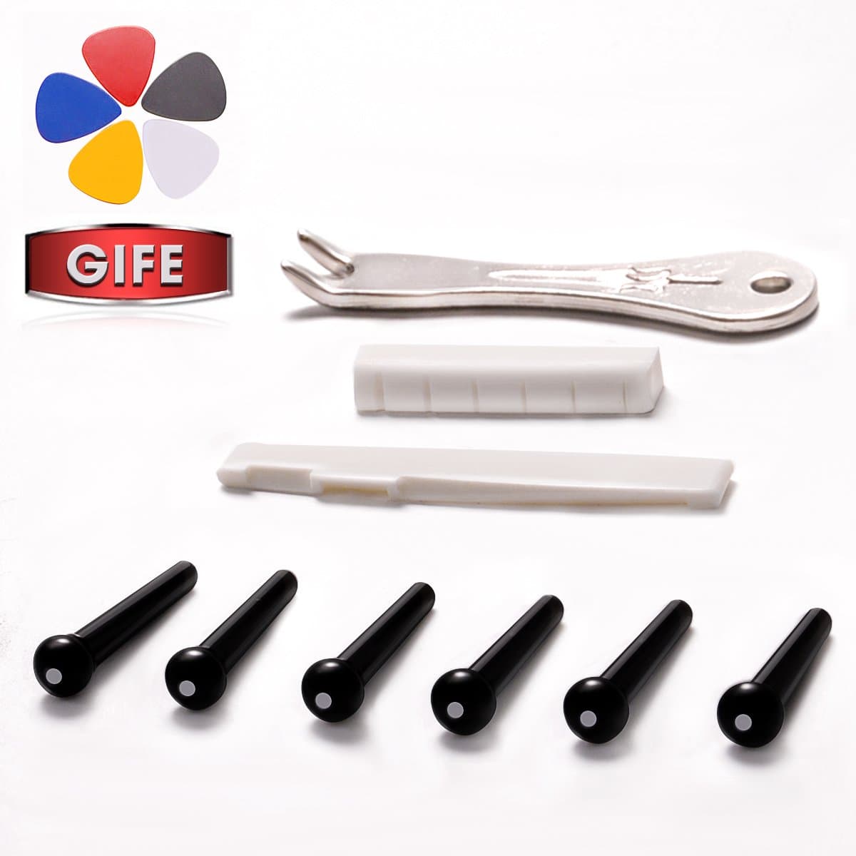 Galabox Acoustic Guitar 6 String Real Bone Bridge Saddle & Nut with 6pcs ABS Plastic Bridge Pins and Bridge Pin Puller - Guitar Replacement Value Pack (Gift: 5 Picks)