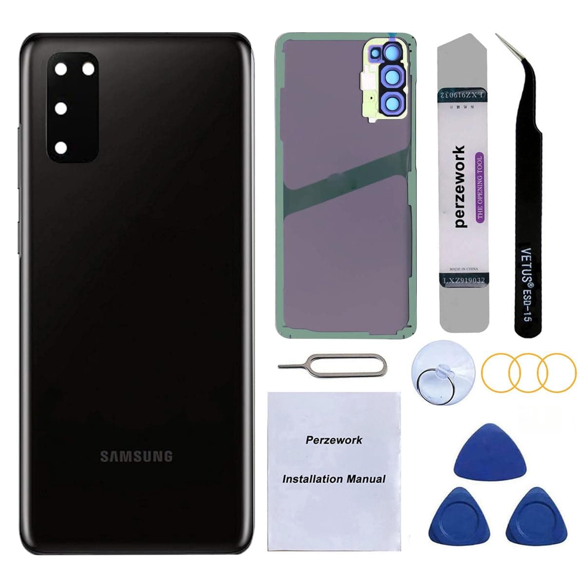 OEM Rear Back Glass Replacement for Samsung Galaxy S20 6.2 inches with Reparing Toolkit and Pre-Installed Adhesive (Cosmic Black)