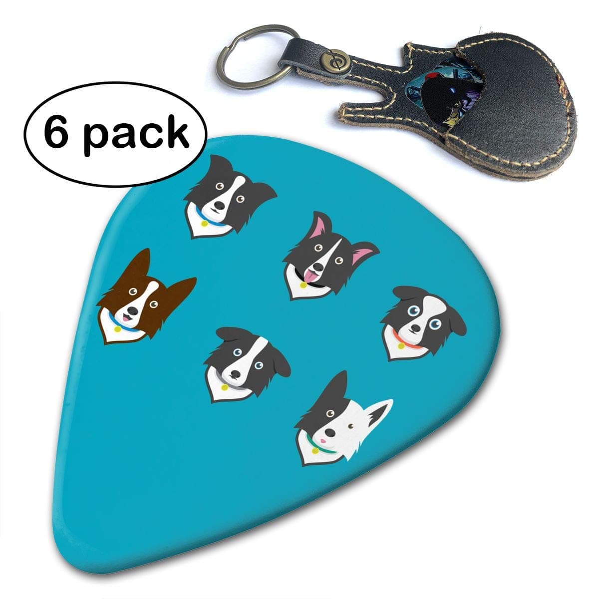 WB - Border Collie 351 Shape Classic Guitar Picks (6 Pack) For Electric Guitar, Acoustic Guitar, Mandolin, And Bass. Gift Leather Key Chain Pick Holder (0.46mm, 0.71mm, 0.96mm)