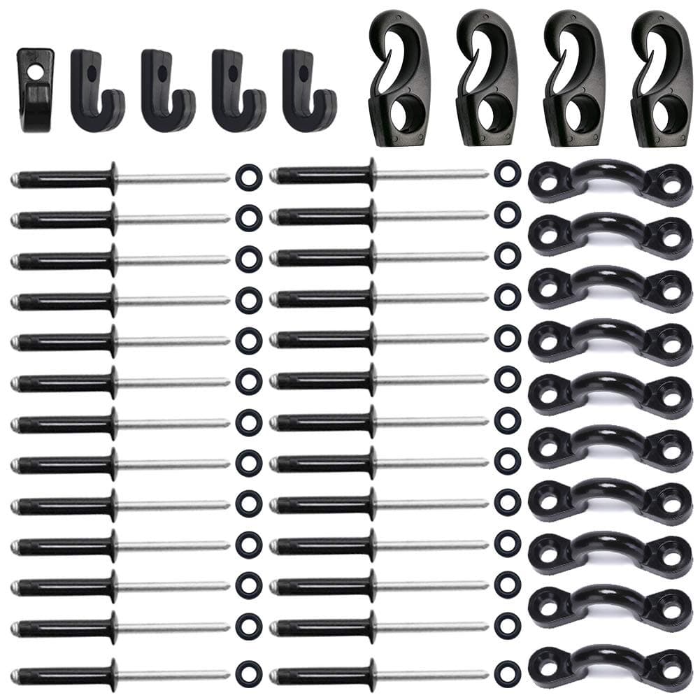 JUXATECH Kayak Bungee Deck Loops Kit, Expanded Deck Rigging Kit with Deck Loops Tie Down Pad Eye, Hooks Clips, Screws, Rivets and Cord End Hooks for Kayaks Canoes Boats