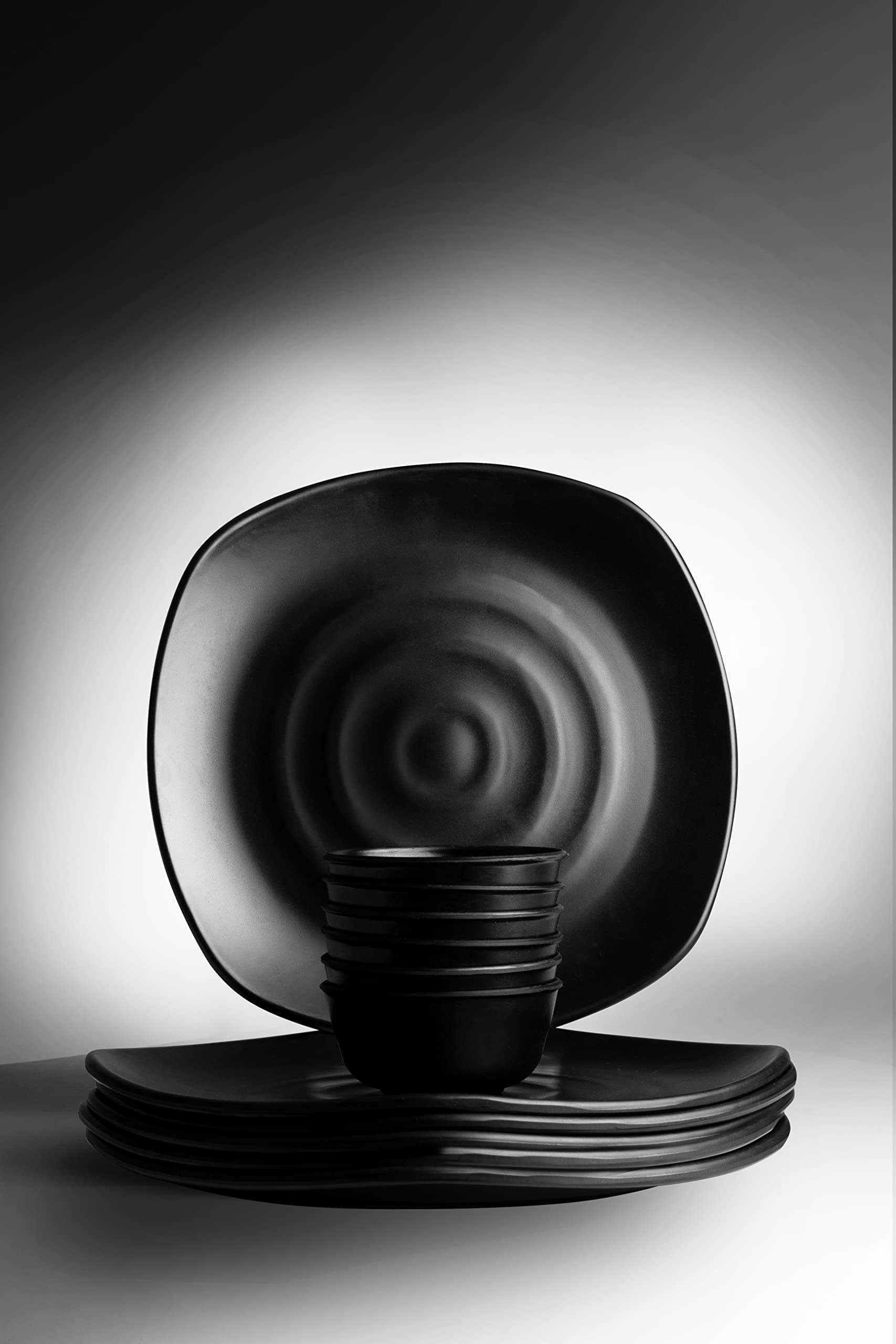 ECOSPIT CONTAINER Pack of 12 Square Plate Melamine Dinner Set - Full Plates with Katoris (Matt Black Finish).