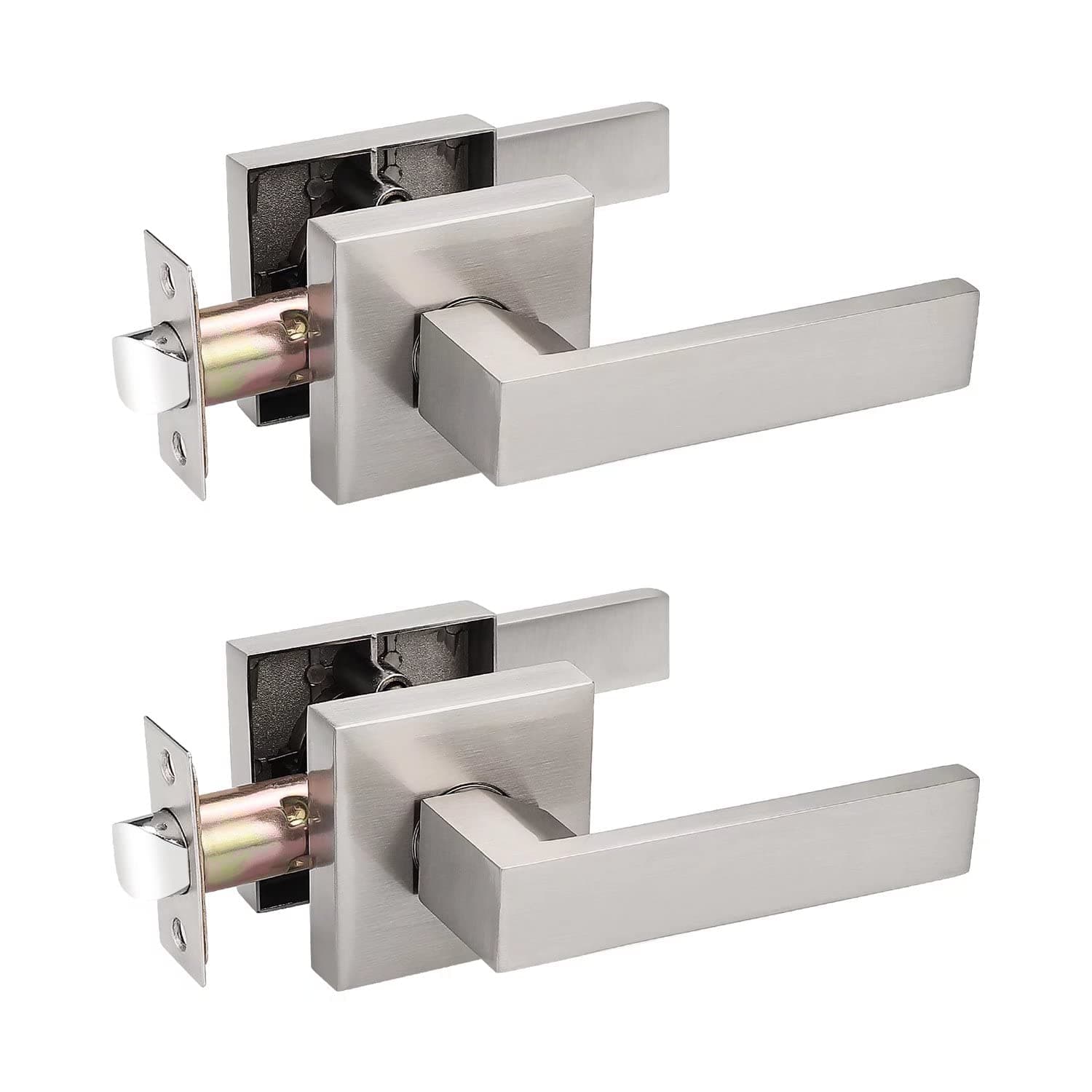 Probrico2 Pack Square Door Lever Door Lock Handle Lockset Keyless Doorknobs Passage Knobs Lockset Interior Hallway Passage Closet in Satin Nickel