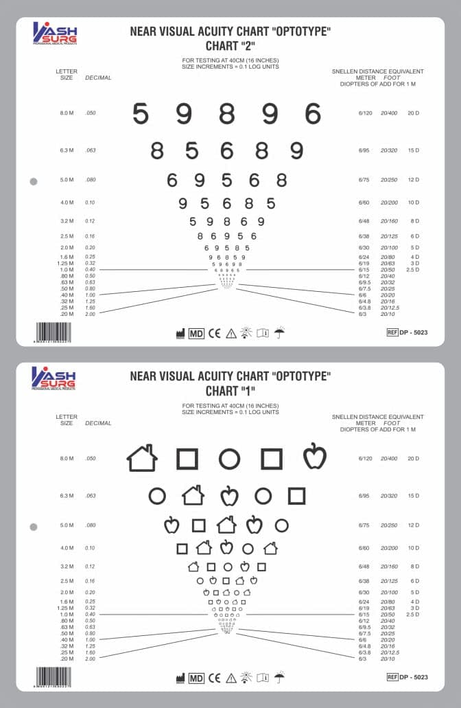 Near Vision Chart with Symbols & Numbers for Testing at 40cm