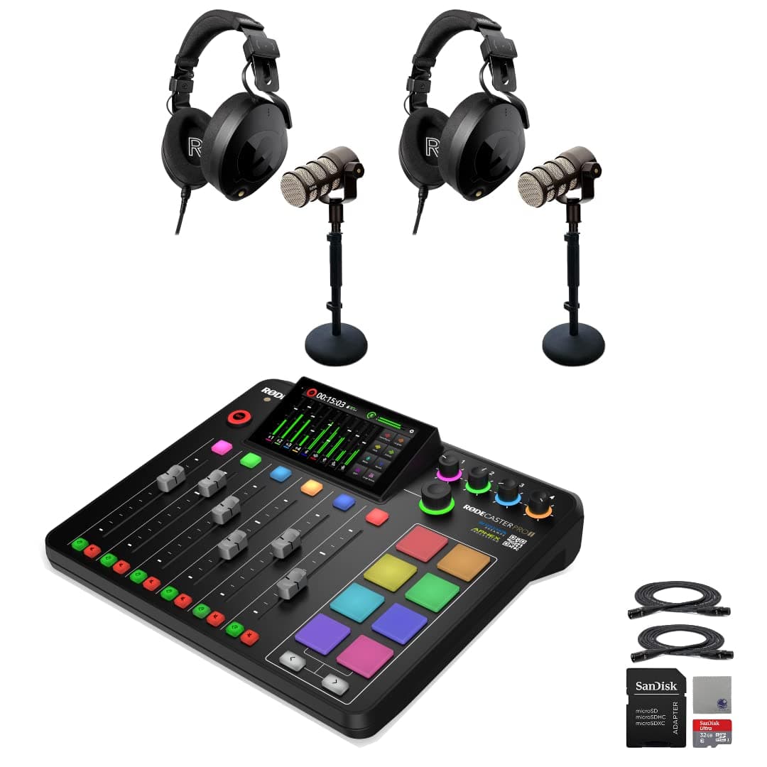 Rode RODECaster Pro II Integrated Audio Production Console with 2x Rode PodMics, NTH-100 Studio Headphones, DS1 Microphone Stands, 32GB microSD Card, XLR Cables and StreamEye Cloth