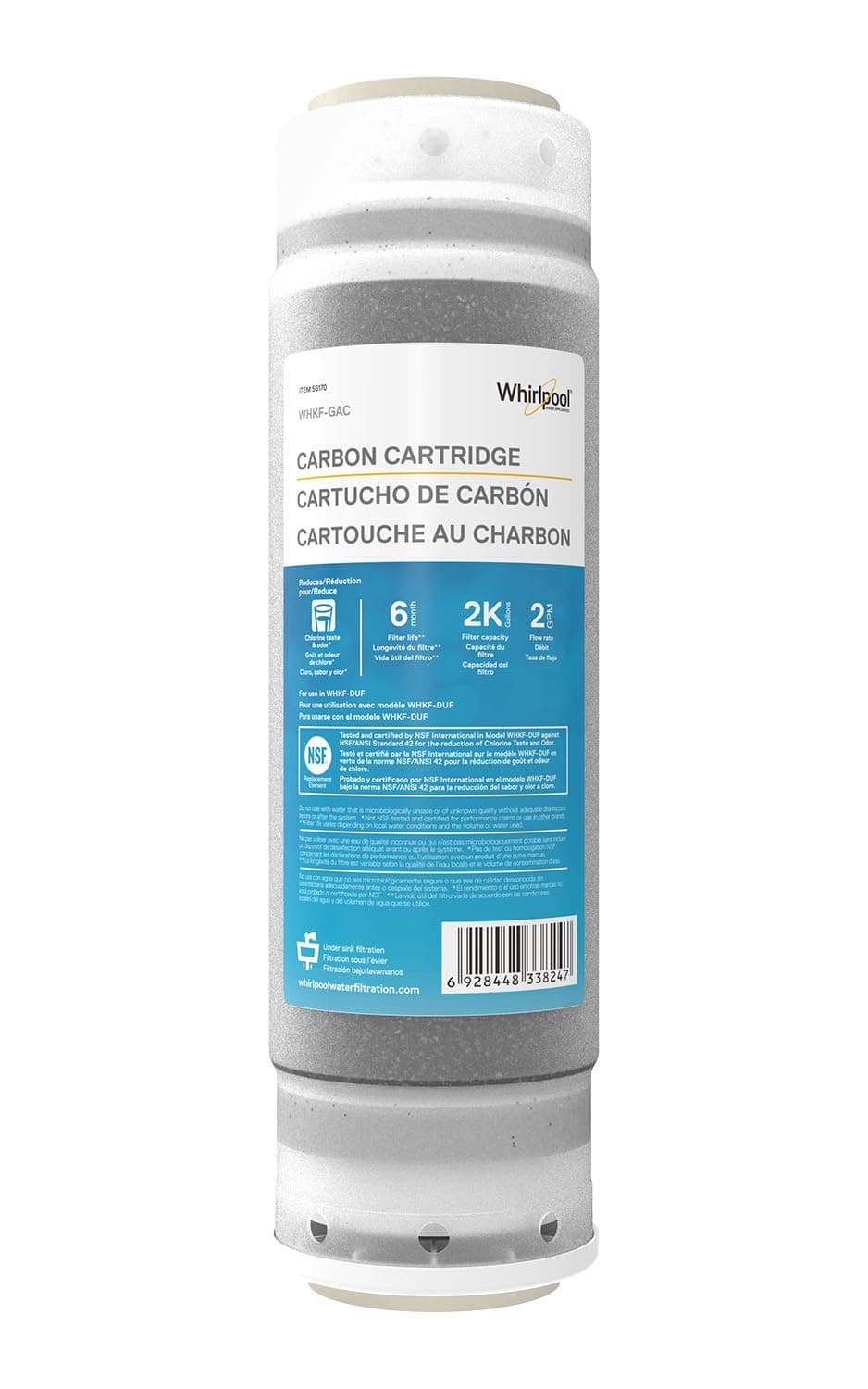 Granular Activated Carbon 10" x 2.5" Replacement Water Filter WHKF-GAC, Reduces Chlorine, Bad Taste & Odor, Use with Home Under Sink Drinking Water Filtration or Reverse Osmosis System