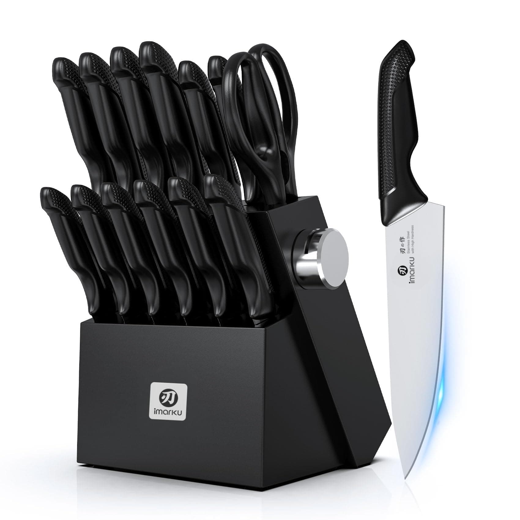 imarku Knife Set with Block, Sharp Knives Set with Built-in Sharpener, Stainless Steel Kitchen Knife Sets with Non-Slip Ergonomic Handle, Dishwasher Safe, 14 PCS Professional Knife Set for Gift, Black