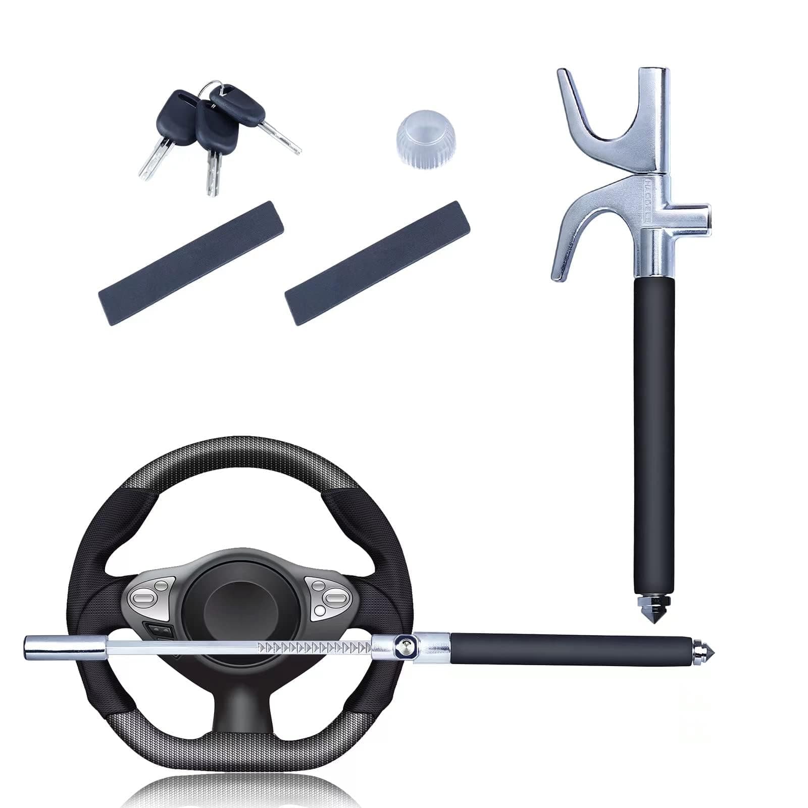 Anti Theft Steering Wheel Lock, Retractable Wheel Locks, Universal Adjustable Car Theft Prevention Device with 3 Keys and Safety Hammer Fit for All Type of Cars, Black