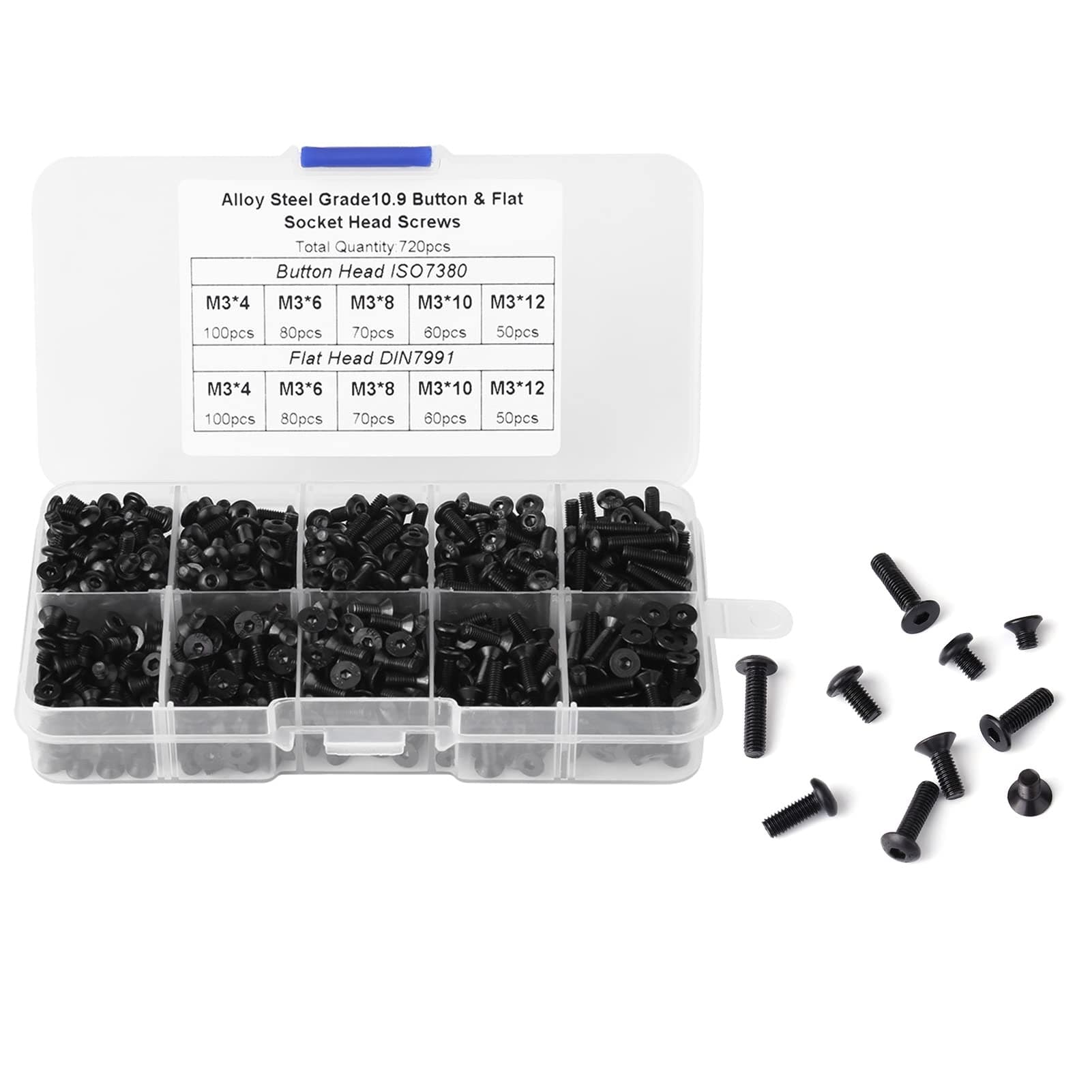 720-Piece M3 Hex Socket Screw Set with Assorted Lengths 4-12mm Black Alloy Steel Pan and Flat Head Bolts in Storage Box