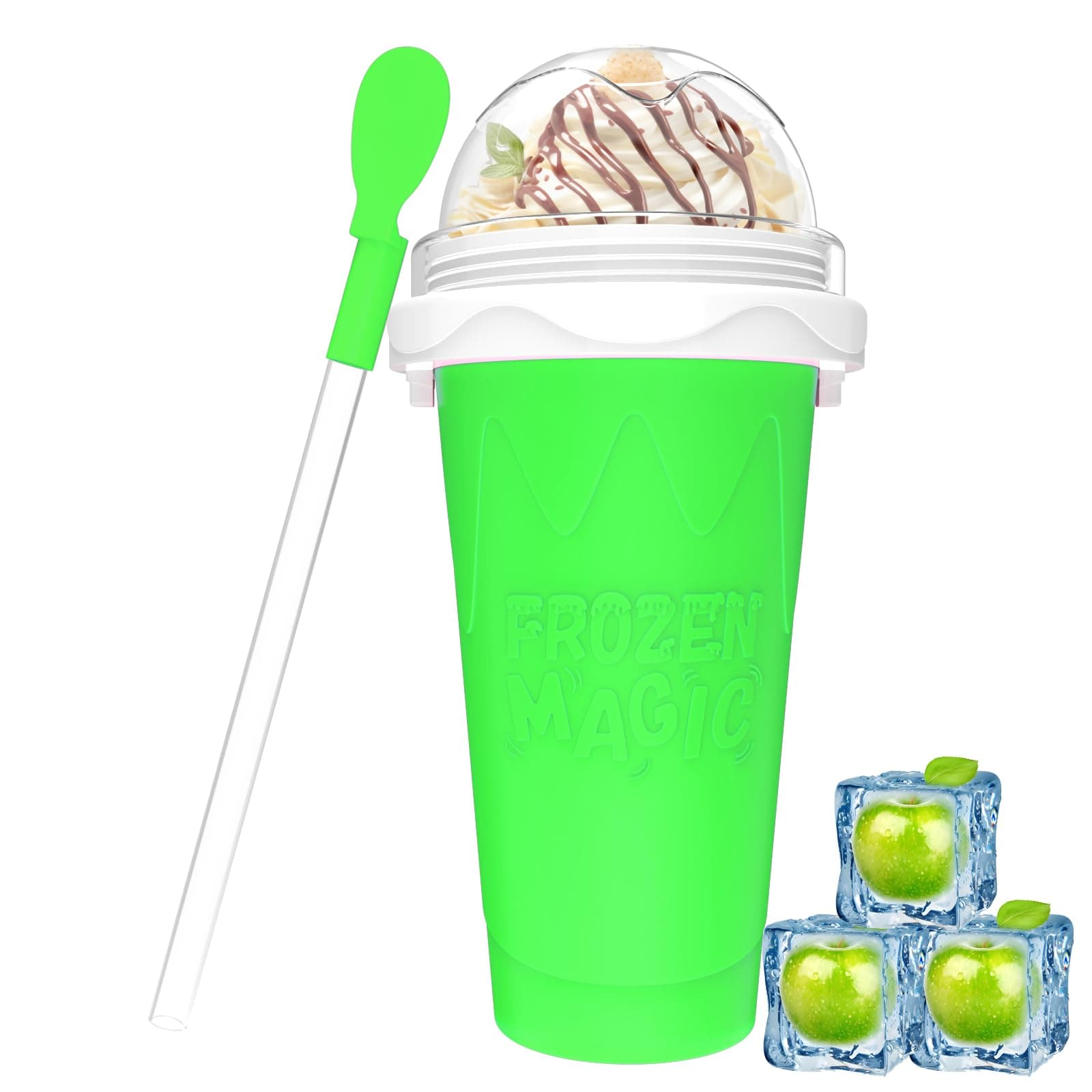 Slushy Maker Cups, DIY Magic Slushy Maker Squeeze Cups, Portable Smoothie Squeeze Cup for Juices, Milk and Ice Cream Make, Double Layers Silicone Slushie Cup with Straw for Friends,Family Gifts-green