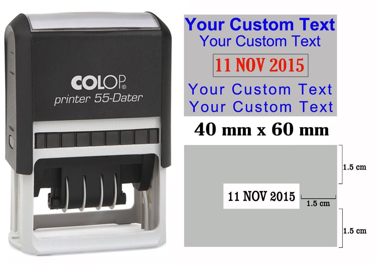 Self Inking COLOP P 55 Dater - Custom Text with Date Stamp - Large Rubber Stamp Office Stationary - Blue Text with Red Date