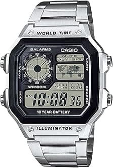 Casio World Time AE-1200WHD-1AV Men's Digital Watch, Metal Band, Silver, Bracelet Type