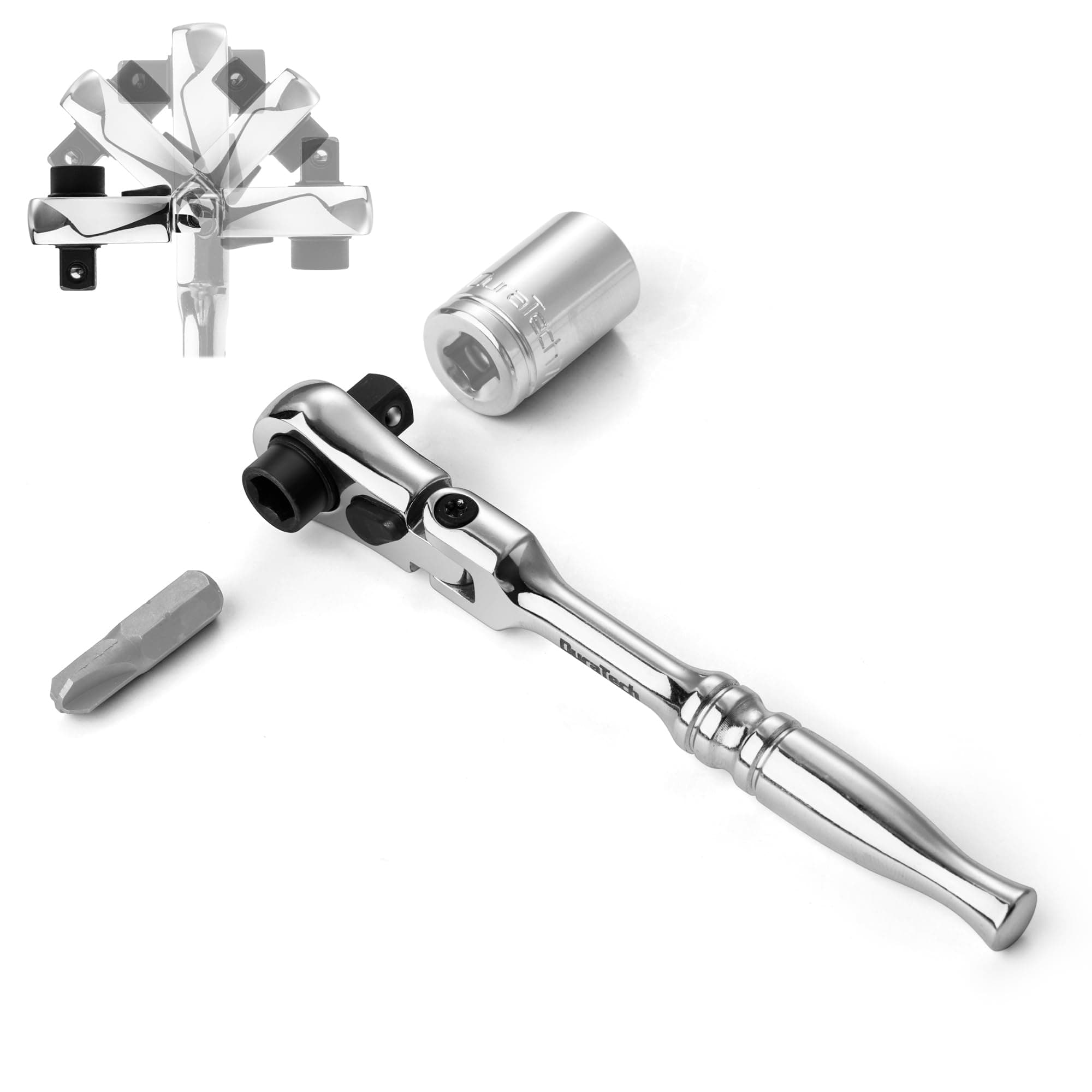 1/4" Drive Ratchet Handle, 2 in 1 Flex Head Ratchet, Socket&Bit Driver, 72-Tooth, Reversible Switch, Full-Polished Chrome Plating, Alloy Steel