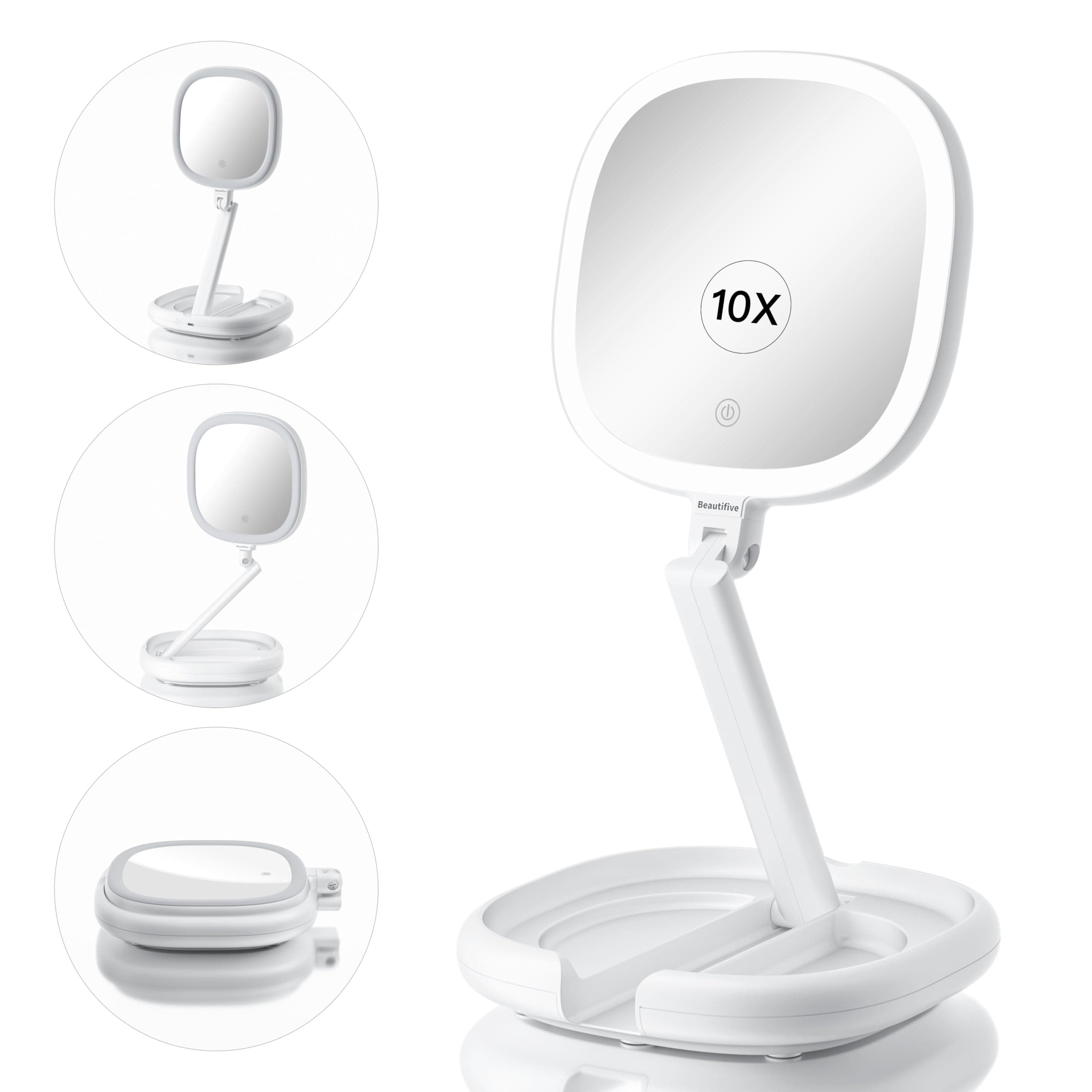 LED Vanity Mirror with Lights, 10x Magnifying, Adjustable Height, Foldable, White, 13.7 x 1.6 Inches
