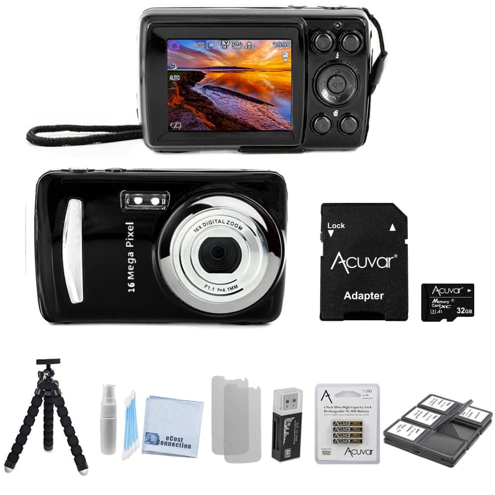 Acuvar 16MP Compact Digital Camera with 2.4" LCD 32GB Micro SD Card Flexible Tripod AAA Batteries Card Reader Cleaning Starter Kit Digital Point and Shoot Camera Cameras for Photography Vlogging Kit