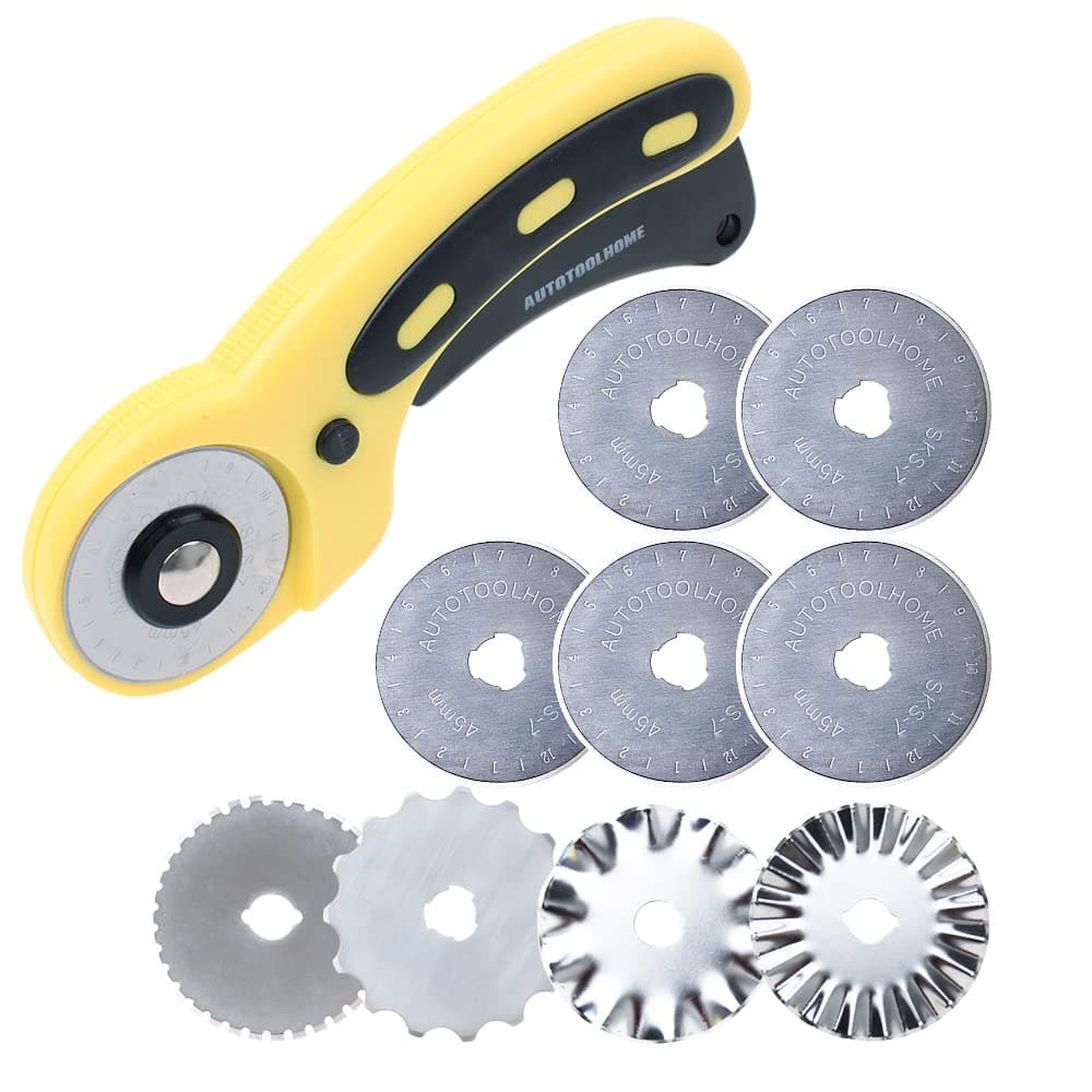 AUTOTOOLHOME 45mm Rotary Cutter Set with 9 Pack Replacement Rotary Blades Skip Rotary Blades Pinking Rotary Blades for Sewing Fabric Leather Quilting Cutter Paper Perforating Tool
