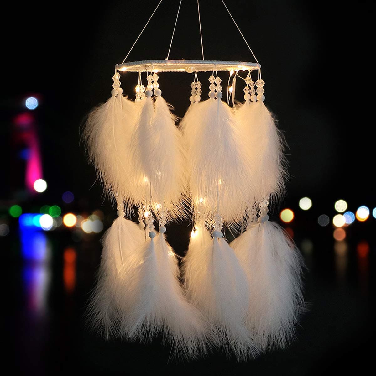 LOMOHOO Dream Catcher with LED Light White Feather Light up Dreamcatcher for Kids Bedroom Handmade Boho Hanging Decor Nursery Ceiling Wedding Decoration Ornament Craft