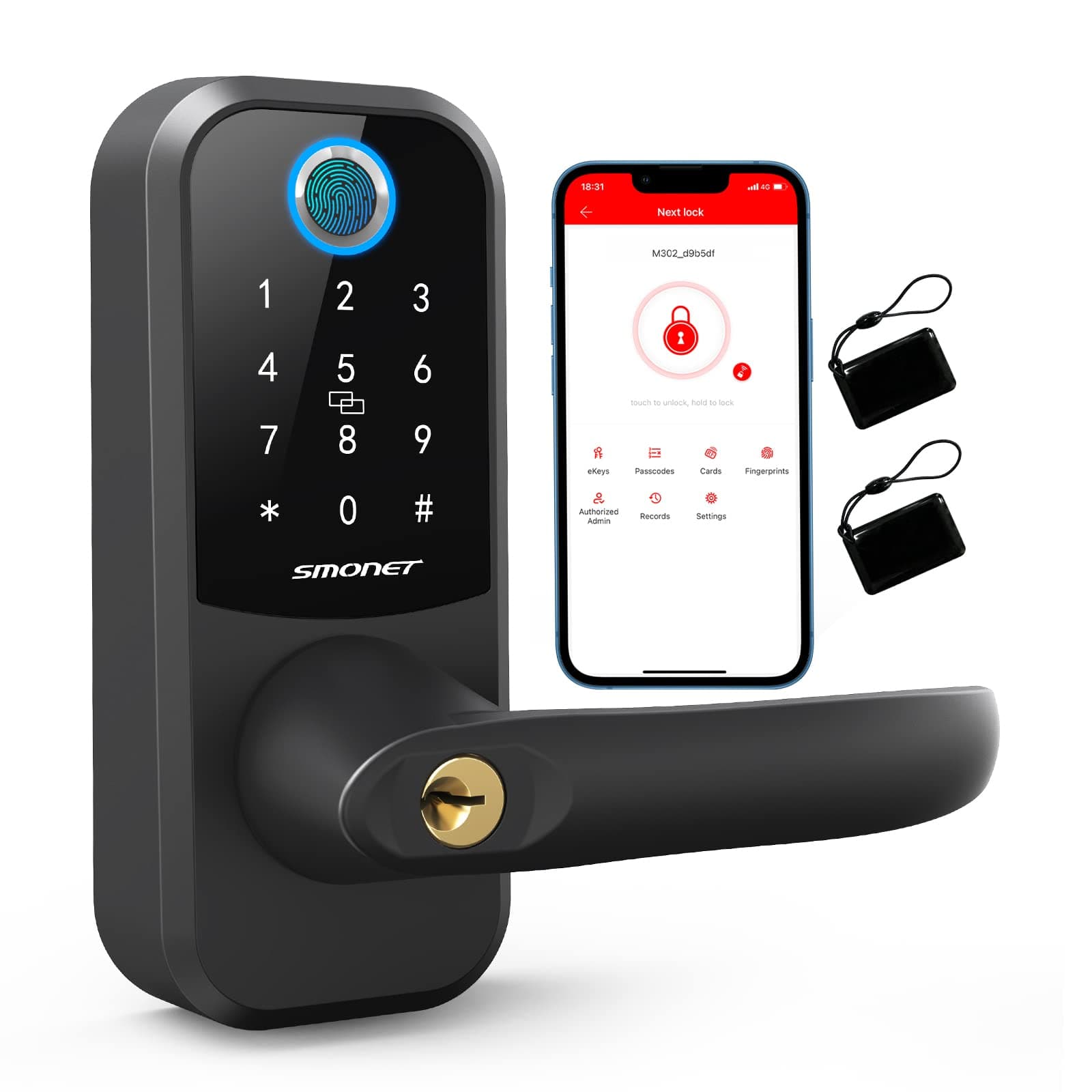 Smart Lock,SMONET Keyless Entry Door Lock with Handle,Fingerprint Electronic Bluetooth Digital Keypad Auto Door Lock with Free APP Key Fob Passcode,Smart Locks for Front Door