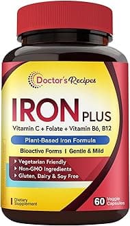 Doctor's Recipes Iron Supplement for Women Men - Gentle Iron Bisglycinate with Vitamin C, B6, Folate & B12, Stomach Friendly Iron Pills, 60 Vegan Caps