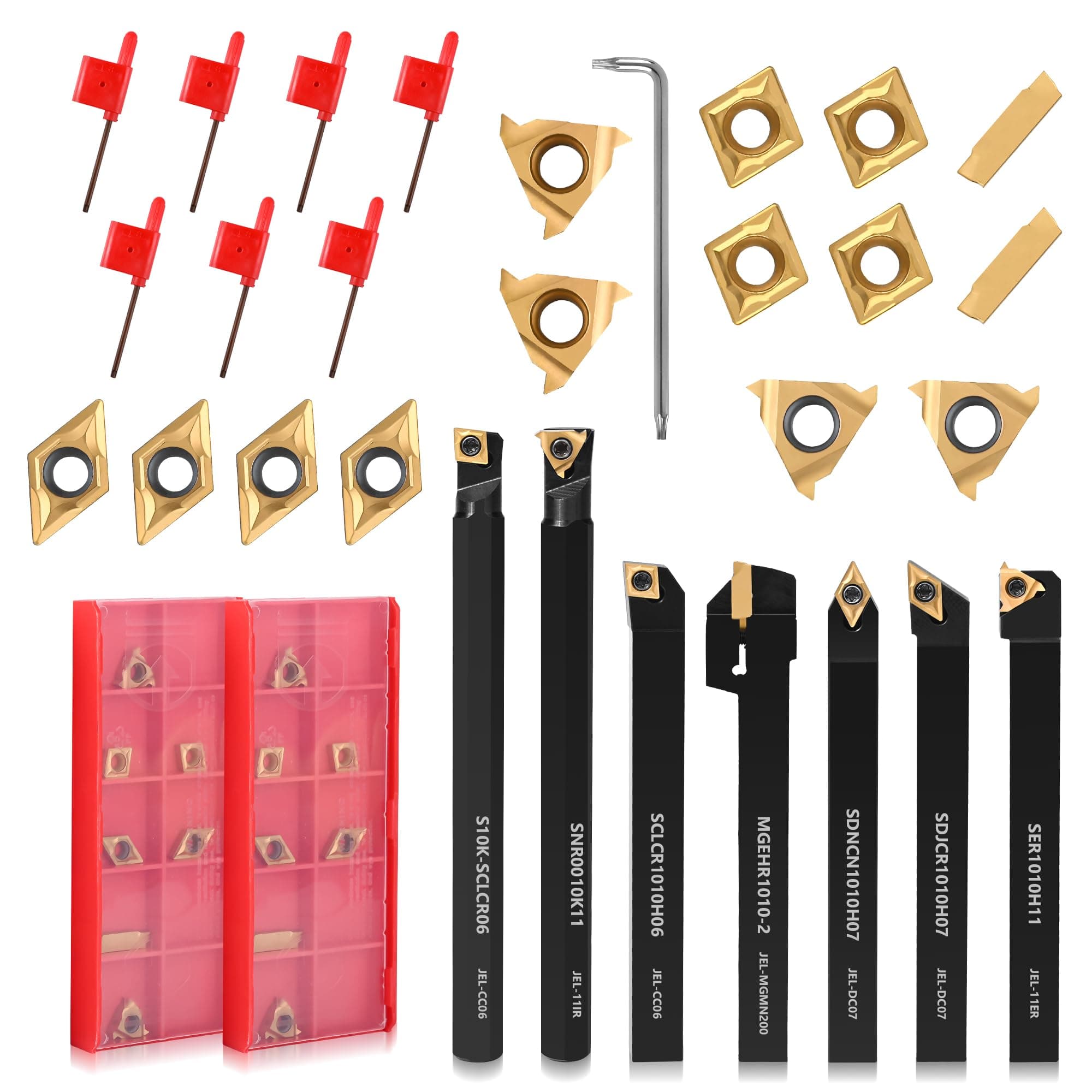 21PCS Indexable Lathe Turning Tools Set 3/8"10mm Shanks,7Pcs Metal Turning Tool Holders & 14Pcs Carbide Inserts for Turning,Grooving,Threading,Boring bar,and Cutting Tool