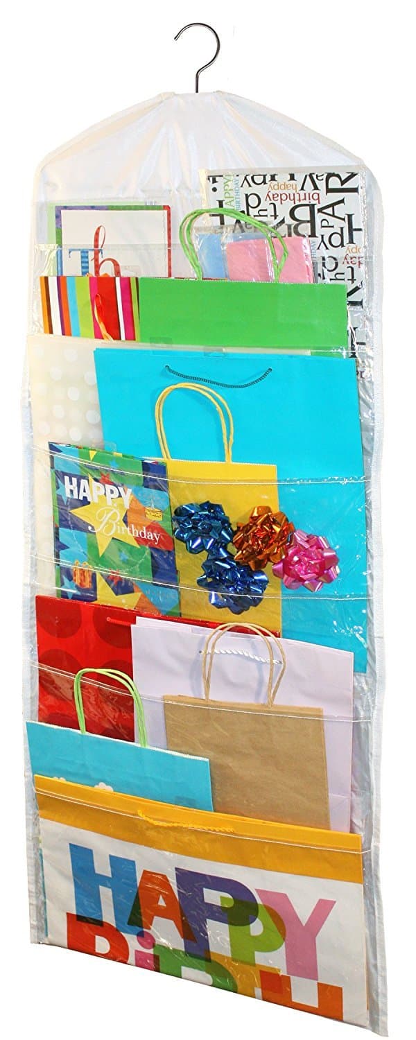 AOTUNO Double-Sided Hanging Gift Bag Organizer Storage for Gift Bags, Bows, Ribbon,with Clear Pockets.