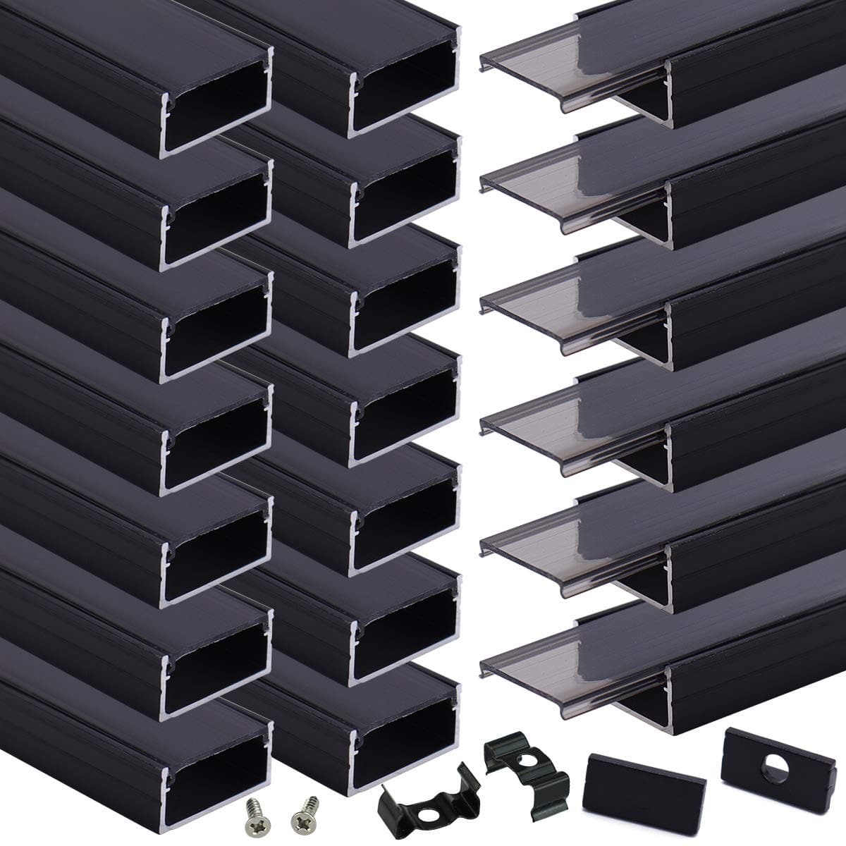 Muzata 20Pack 3.3FT/1M Wider LED Channel System with Transparent Smoky Black Cover Black Aluminum LED Strip Difusser Channel U102 BB 1M