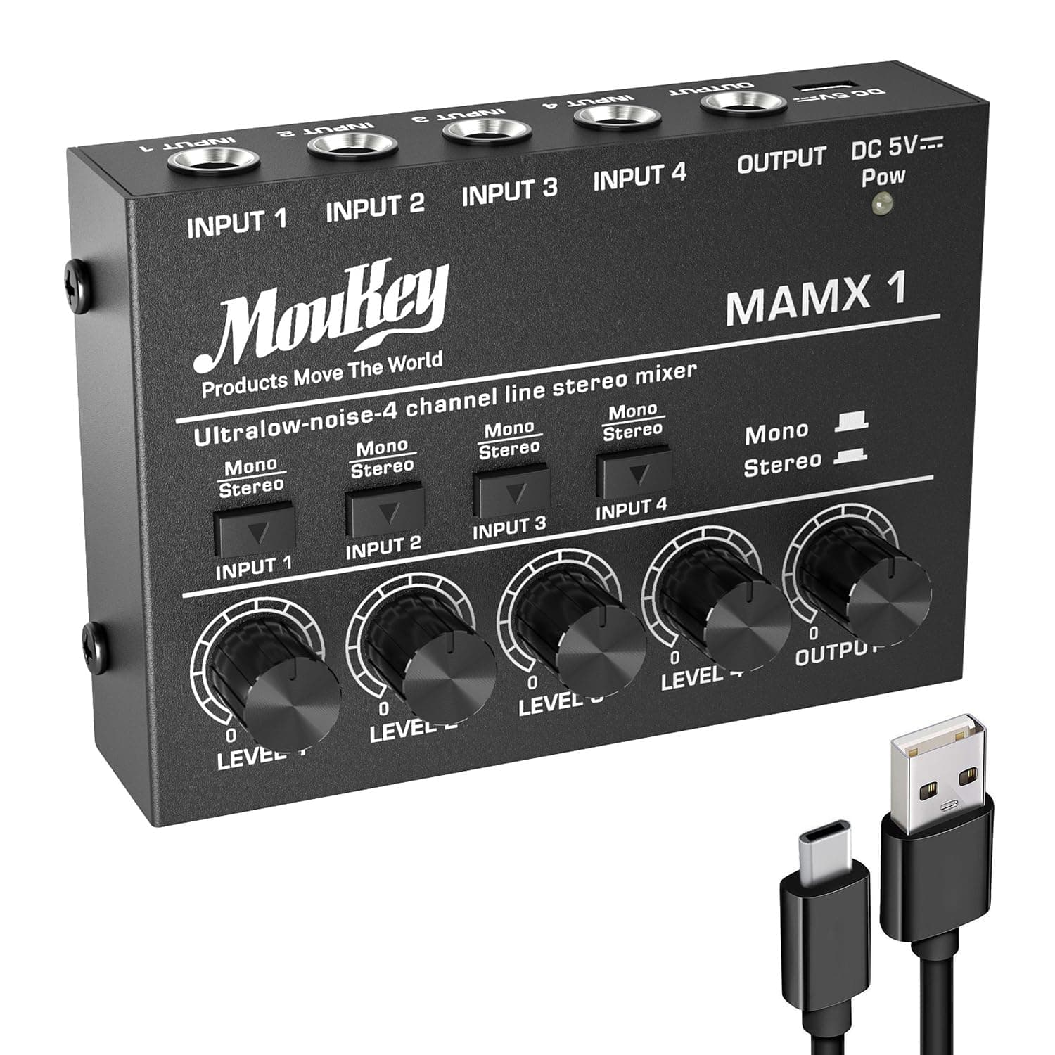 Moukey Compact Studio Audio Stereo Mixer, 4 Channels DC 5V for Clubs Bars Stage Mixing Desk Guitar Bass Keyboard, MAMX1