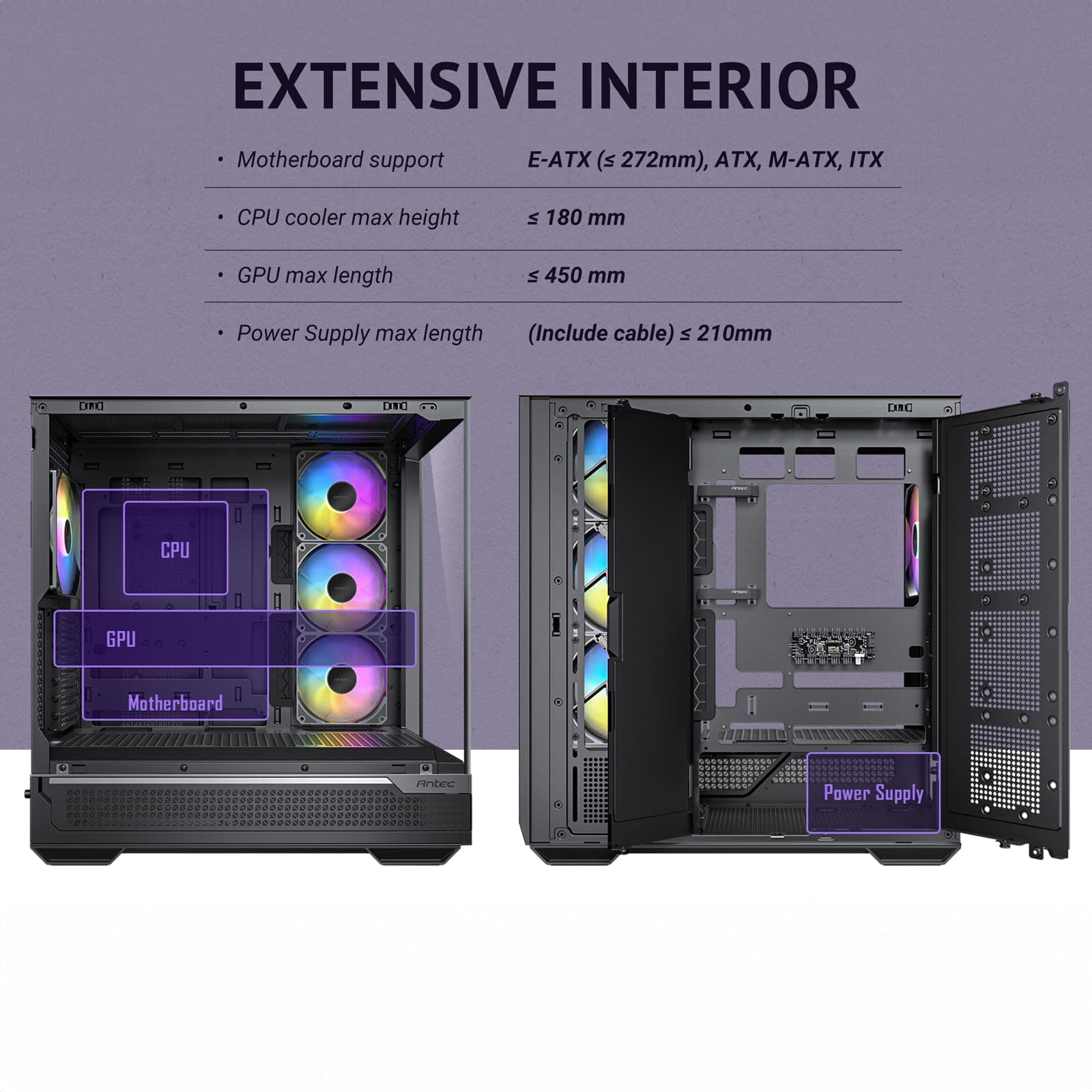 Antec C7 ARGB, RTX 40 GPU Support, 4 x 120mm ARGB PWM Fans Included, Vertical GPU Cooling, Type-C 10Gbps, Seamless Tempered Glass Front & Side Panels, 360mm Radiator Support, Mid-Tower E-ATX PC Case