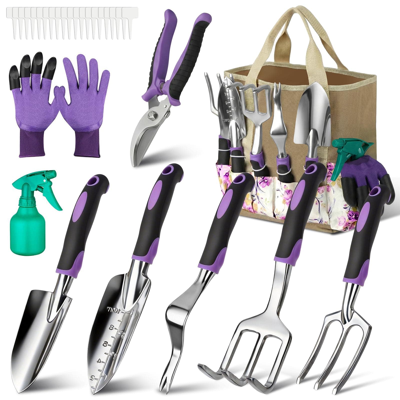 Garden Tools Set, 30 Piece Stainless Steel Gardening Kit with Vintage Floral Tote Bag, Non-Slip Ergonomic Rubber Handle, Ideal Gift for Women & Beginners, for Succulent, Home Garden