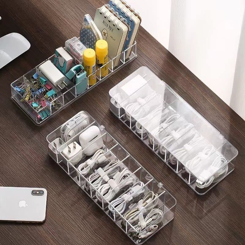 YakiterData Cable Organizer Storage Box With Lid صندوق تخزين منظم الكابلات Transparent Charger Cable Organiser Desk Accessories Storage Organizer Cable Management Tidy With 10 Cable Ties Straps