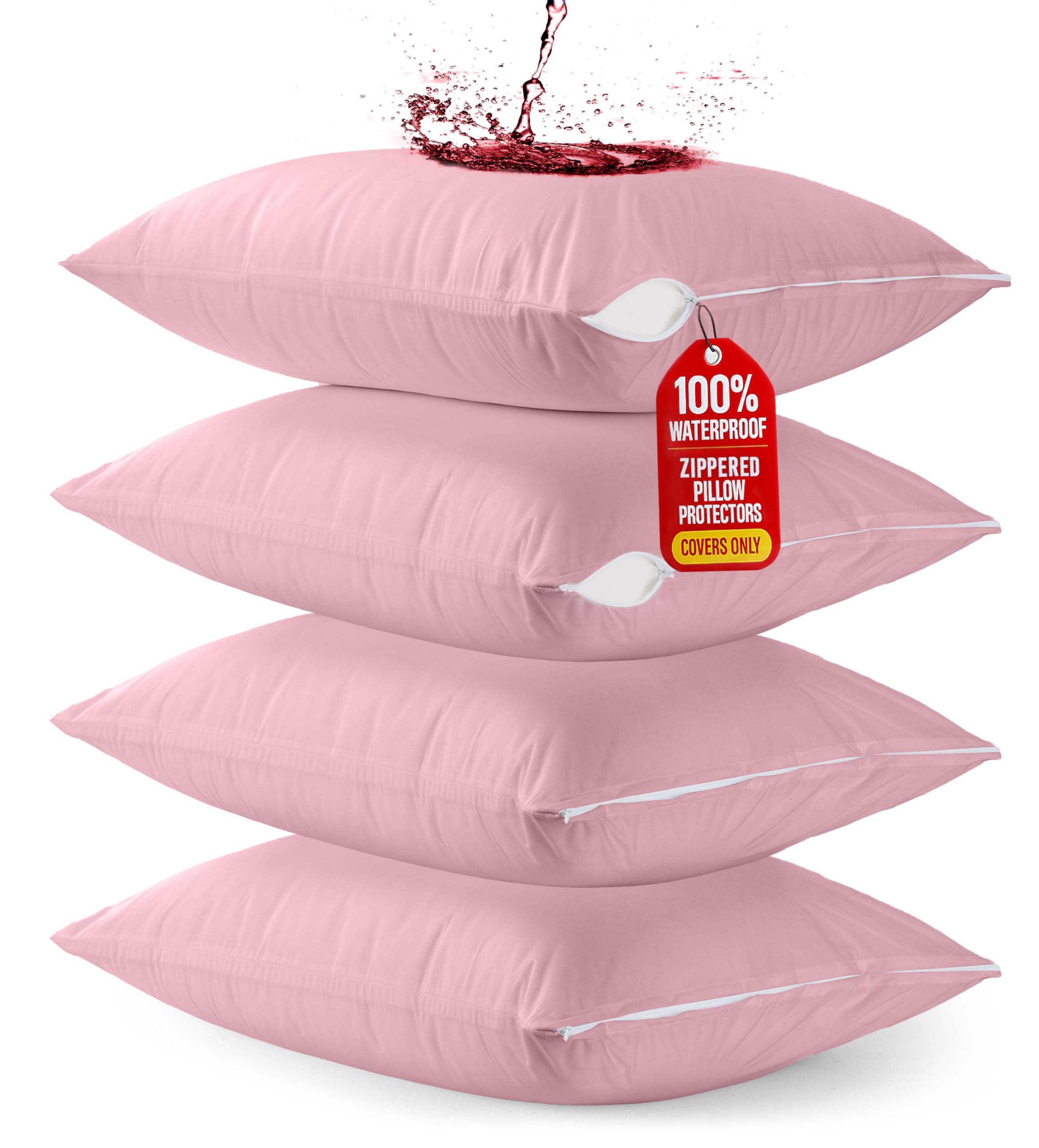 Utopia Bedding 4 Pack Waterproof Pillow Protectors with Zipper Standard Size (Pink), Bed Bug and Dust Mite Proof Pillow case Covers, Moisture Wicking Pillow Encasements 20 x 26 Inches