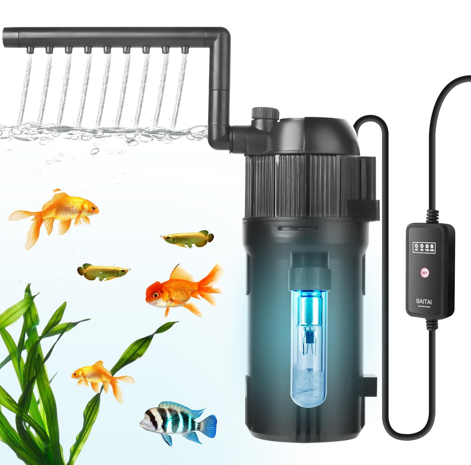 Internal UV Fish Tank Filter with Timer, 5-in-1 Aquarium Filter Pump, Turns Green Water to Clear, Multi-Mode Filtration System for 15-80L Aquariums, Adjustable Flow Rate & Direction