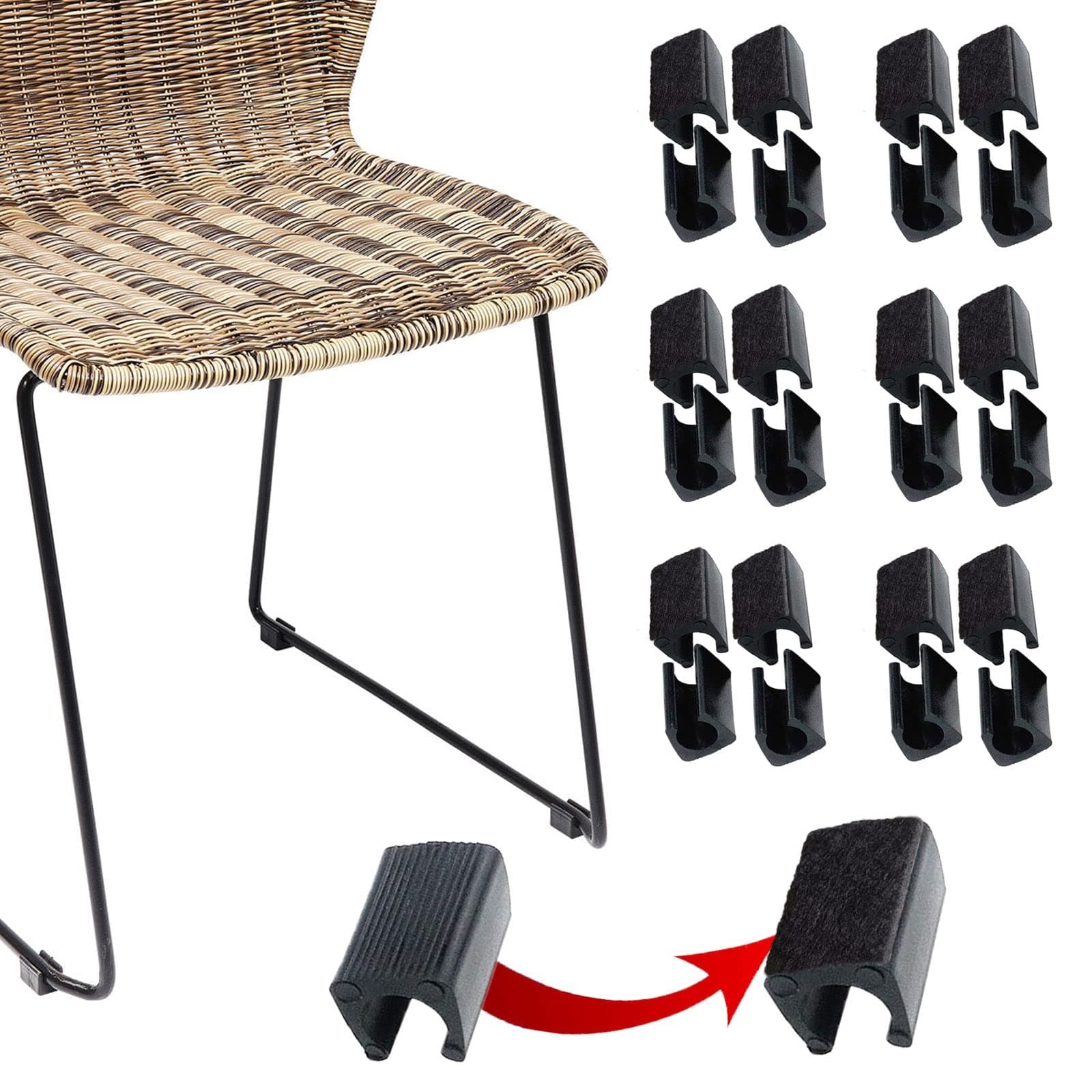 Rectangle U Shaped Chair Leg Tips Caps with Felt Pads,Furniture Feet Protector Slide Smoothly Glides No Scratches No Noise Protect Hardwood Floor,Fit 12mm(15/32inch) Diameter Tubular Leg (Black 24PCS)